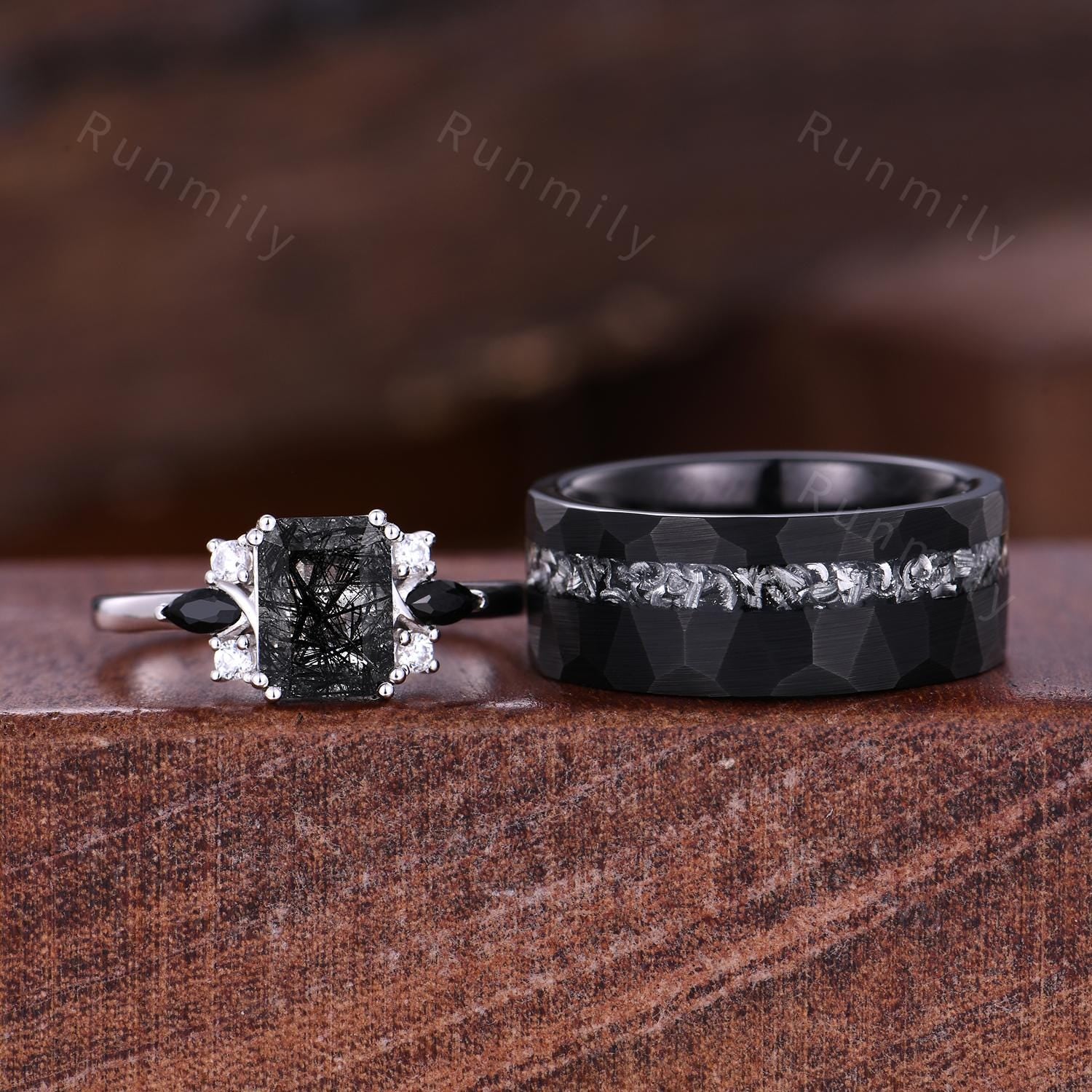 Emerald cut Black rutilated quartz couples ring silver & black tungsten ring His and Hers wedding band Unique matching couple's ring set