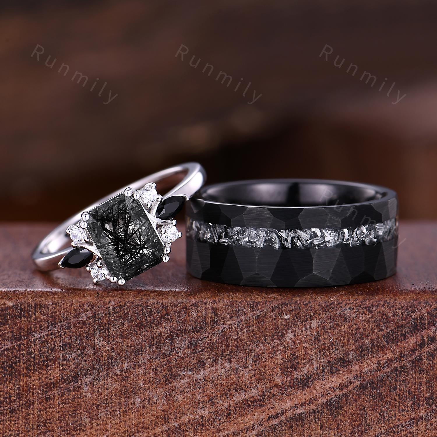 Emerald cut Black rutilated quartz couples ring silver & black tungsten ring His and Hers wedding band Unique matching couple's ring set