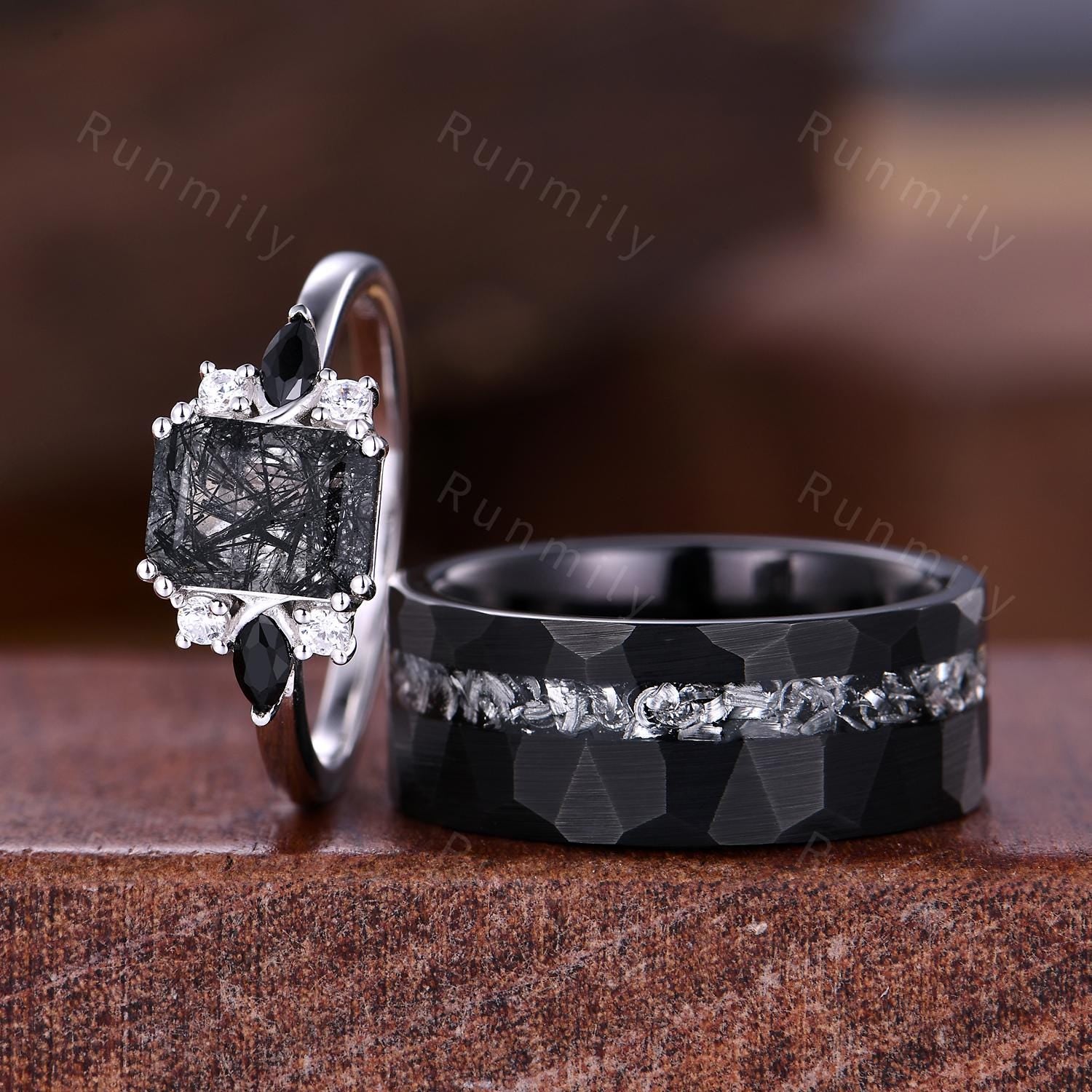 Emerald cut Black rutilated quartz couples ring silver & black tungsten ring His and Hers wedding band Unique matching couple's ring set