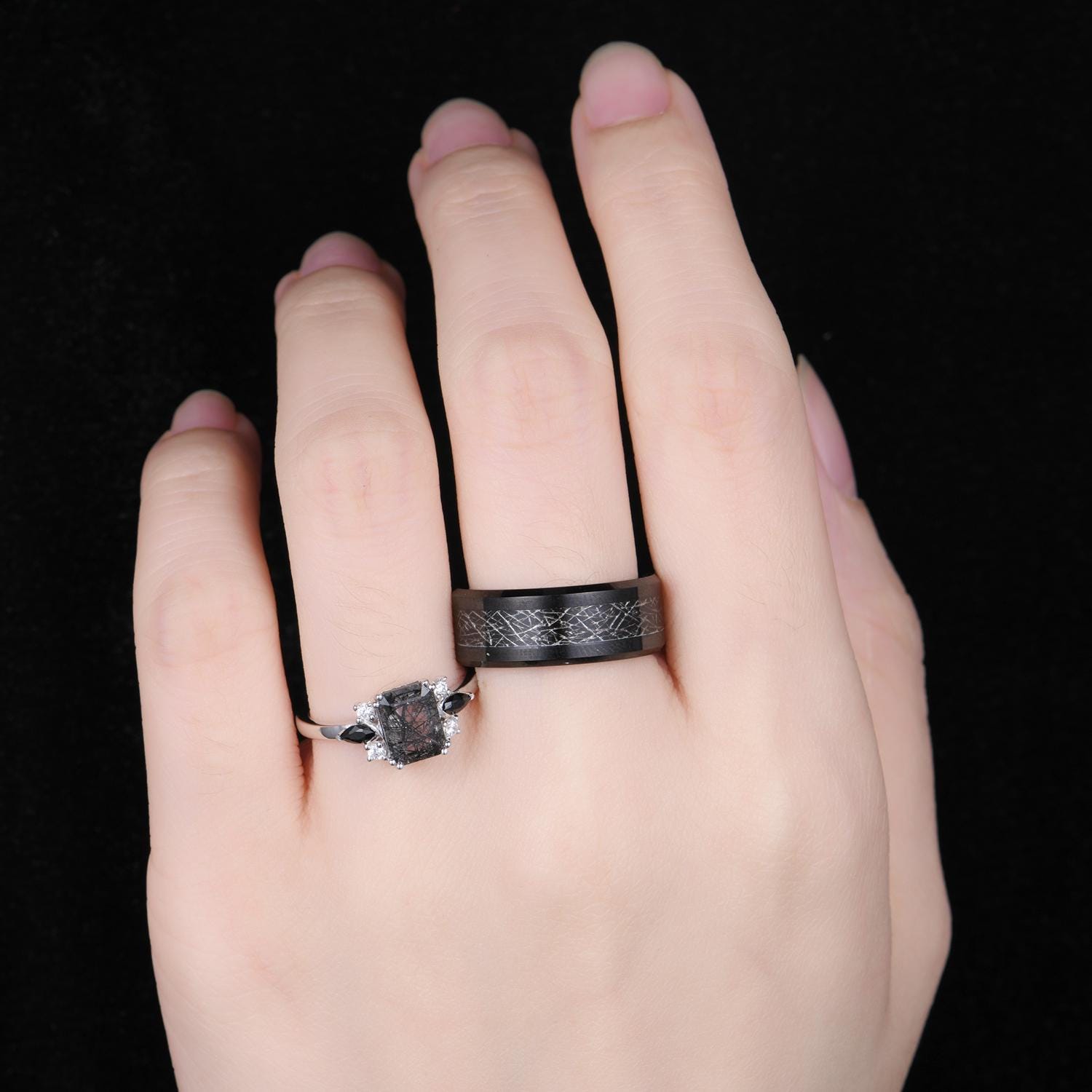 Emerald cut Black rutilated quartz couples ring silver & black tungsten ring His and Hers wedding band Unique matching couple's ring set