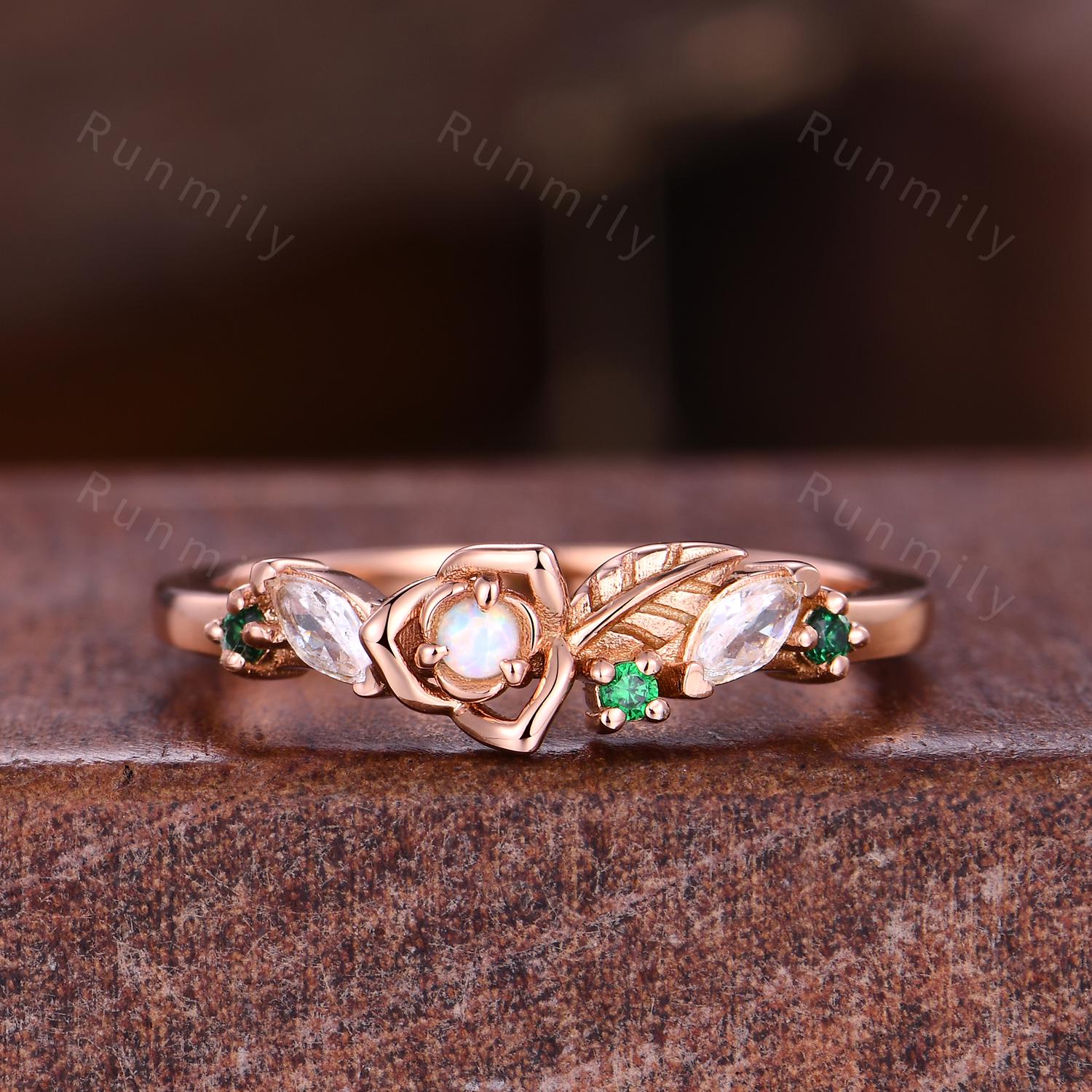 Vintage Opal Couple Bands Rose Gold His and Her Wedding Band Mens Opal Ring Floral Leaf Ring Promise Ring For Couple October Birthstone Gift