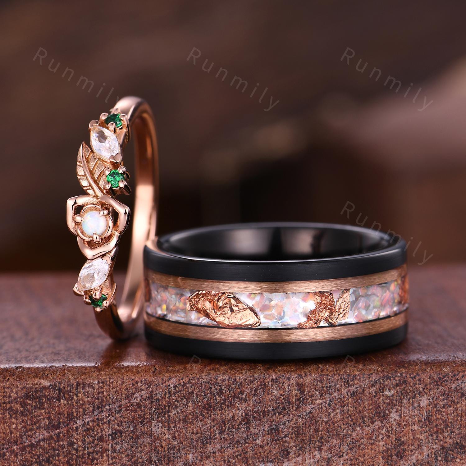 Vintage Opal Couple Bands Rose Gold His and Her Wedding Band Mens Opal Ring Floral Leaf Ring Promise Ring For Couple October Birthstone Gift