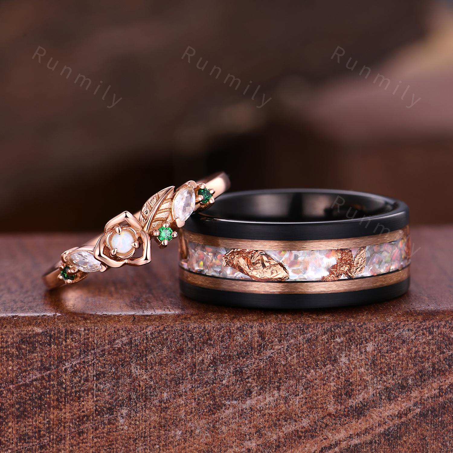 Vintage Opal Couple Bands Rose Gold His and Her Wedding Band Mens Opal Ring Floral Leaf Ring Promise Ring For Couple October Birthstone Gift