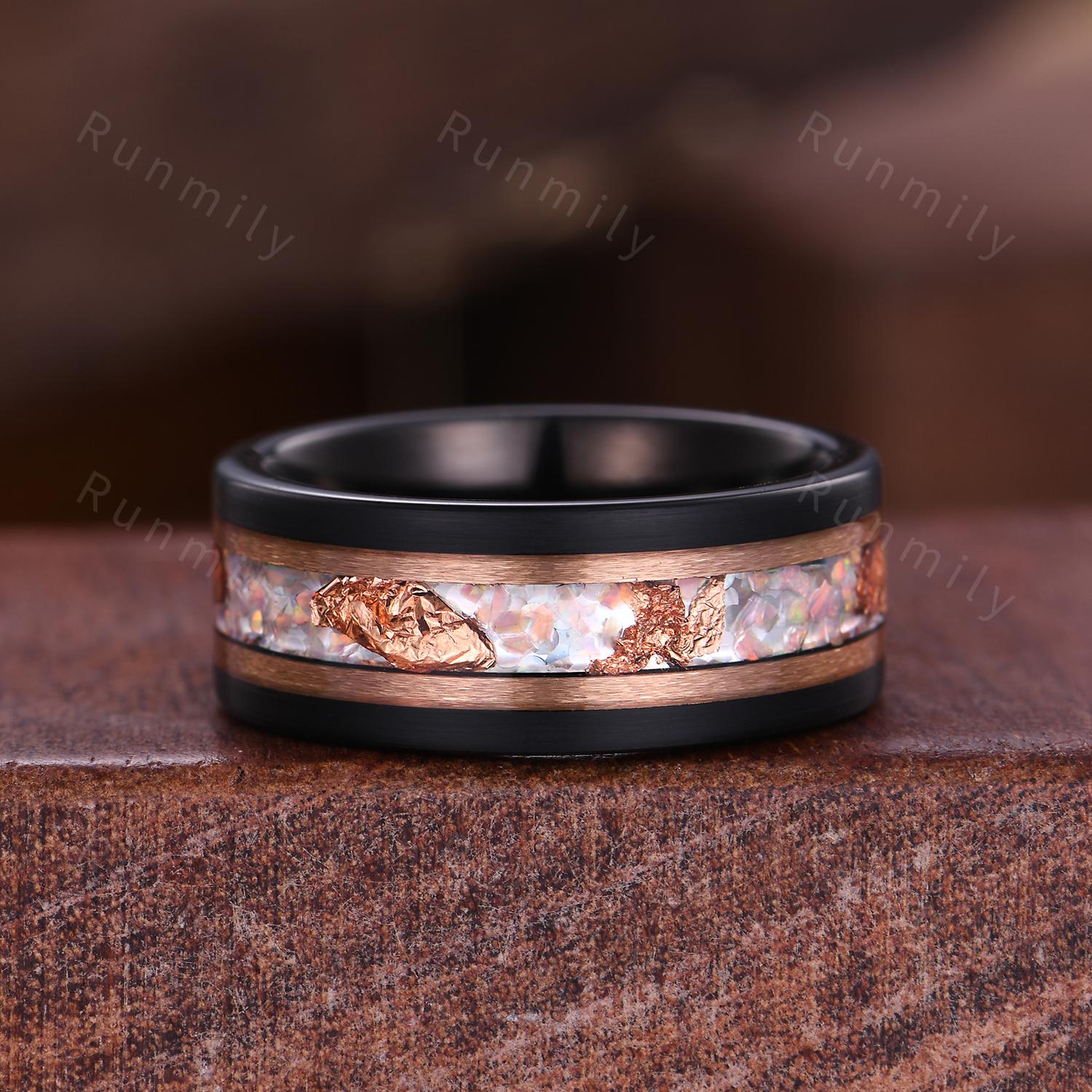 Unique Hexagon Opal Couples Ring Set Art Deco Stacking Ring Mens Opal Tungsten Band Rose Gold His And Her Wedding Band October Jewelry Gift
