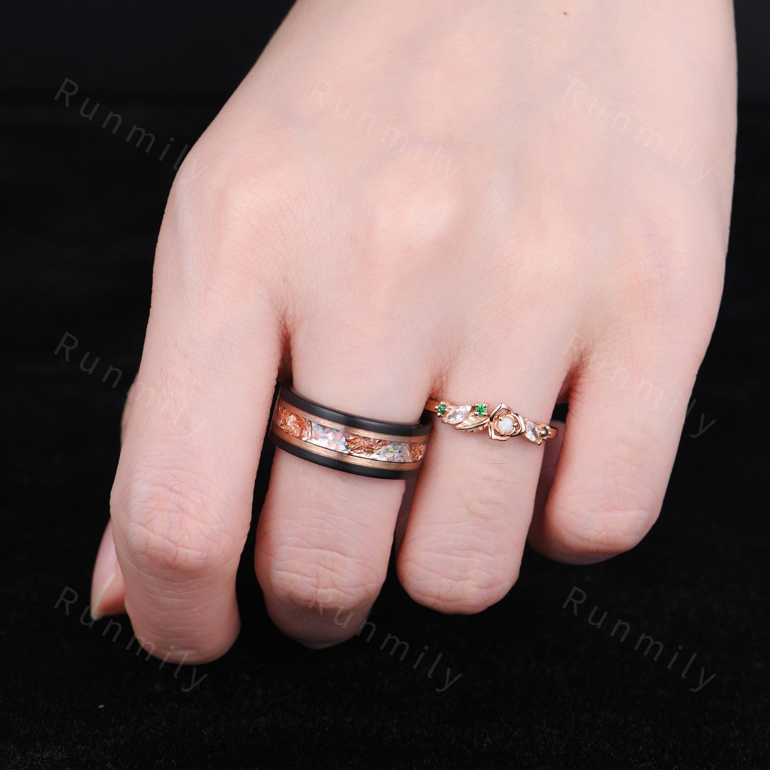 Vintage Opal Couple Bands Rose Gold His and Her Wedding Band Mens Opal Ring Floral Leaf Ring Promise Ring For Couple October Birthstone Gift