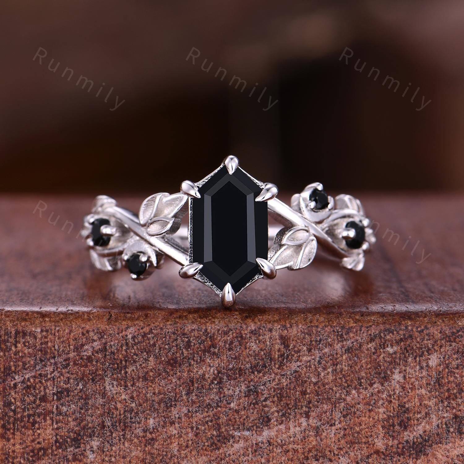 Vintage Black Onyx Couples Ring Hexagon cut Black Gems Engagement Ring His and Hers Wedding Band Mens Tungsten Ring Nature Inspired Ring