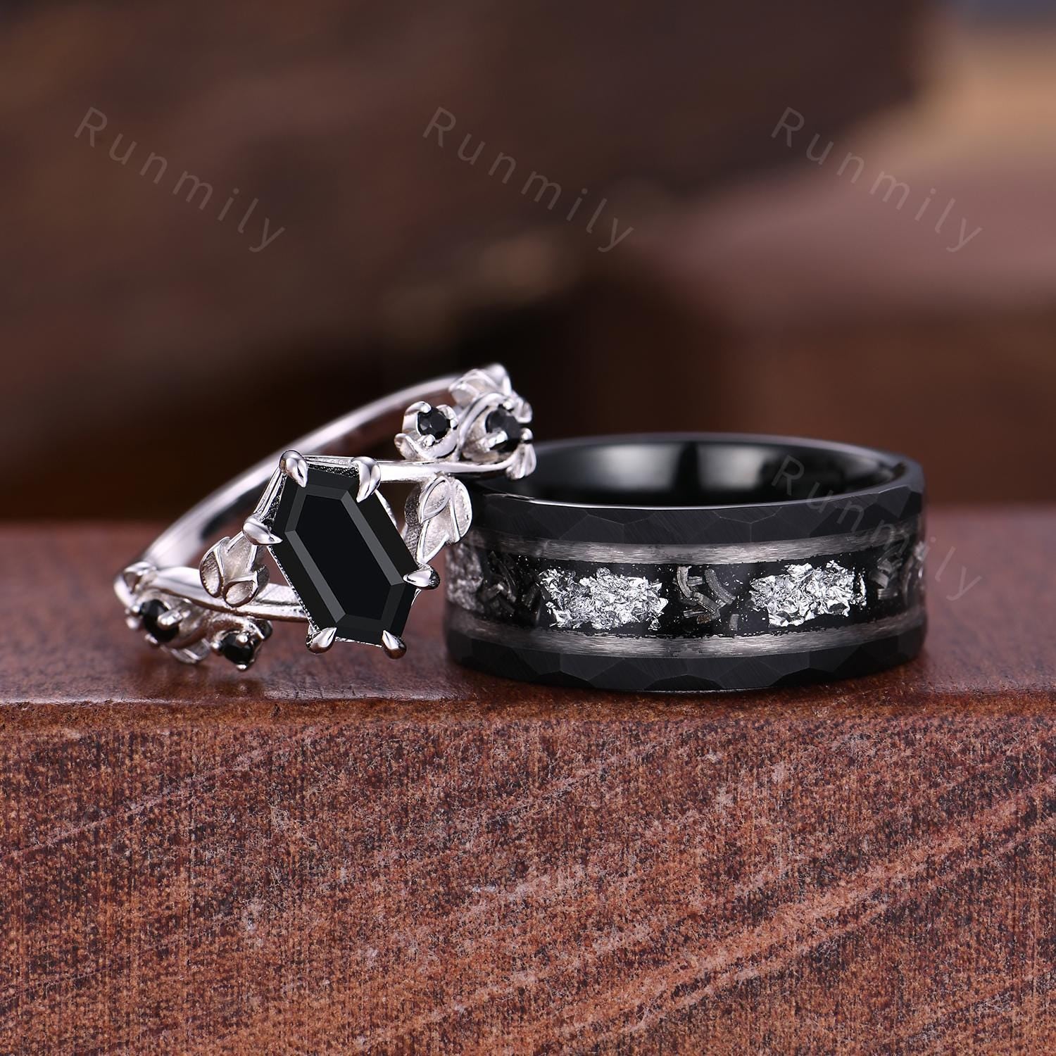 Vintage Black Onyx Couples Ring Hexagon cut Black Gems Engagement Ring His and Hers Wedding Band Mens Tungsten Ring Nature Inspired Ring