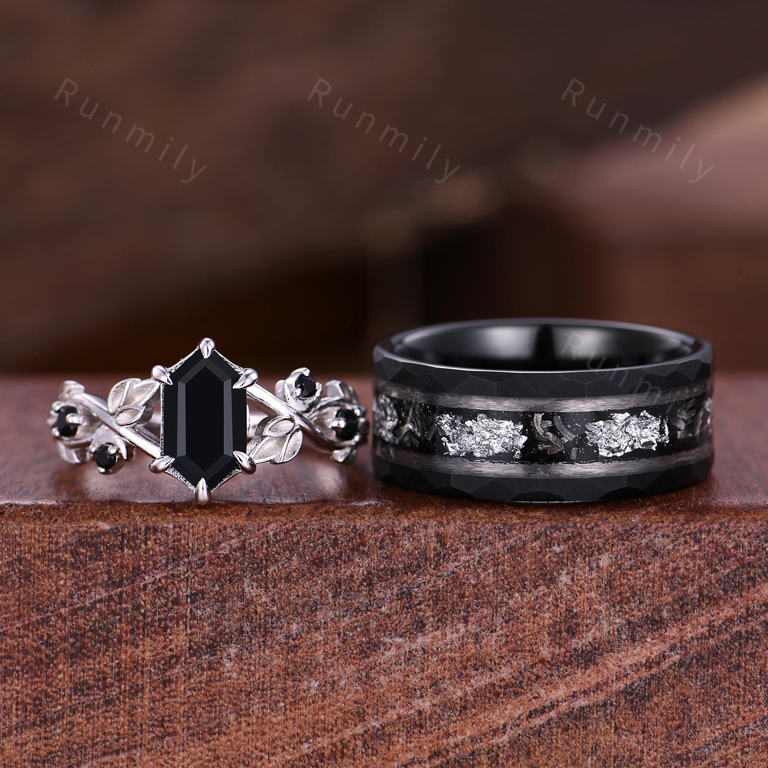 Vintage Black Onyx Couples Ring Hexagon cut Black Gems Engagement Ring His and Hers Wedding Band Mens Tungsten Ring Nature Inspired Ring