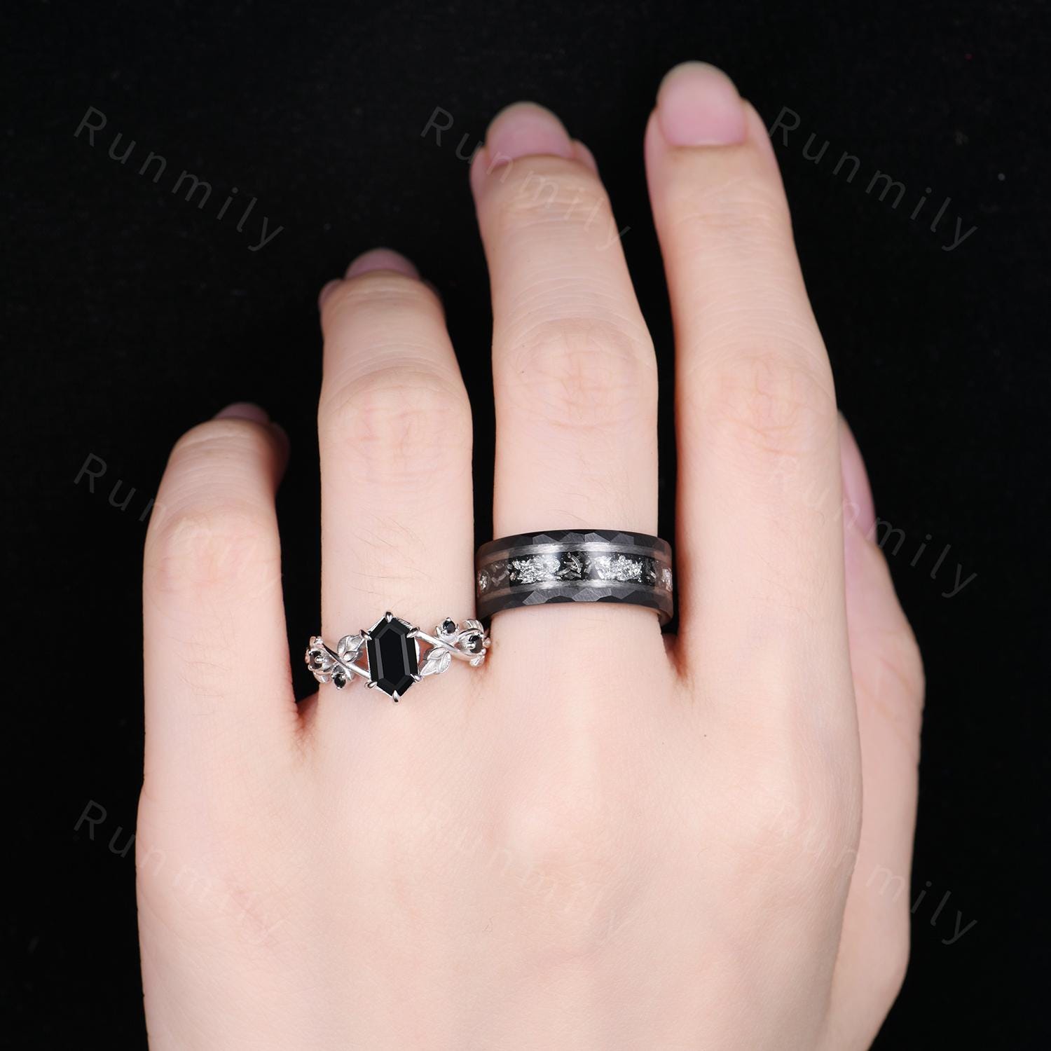 Vintage Black Onyx Couples Ring Hexagon cut Black Gems Engagement Ring His and Hers Wedding Band Mens Tungsten Ring Nature Inspired Ring