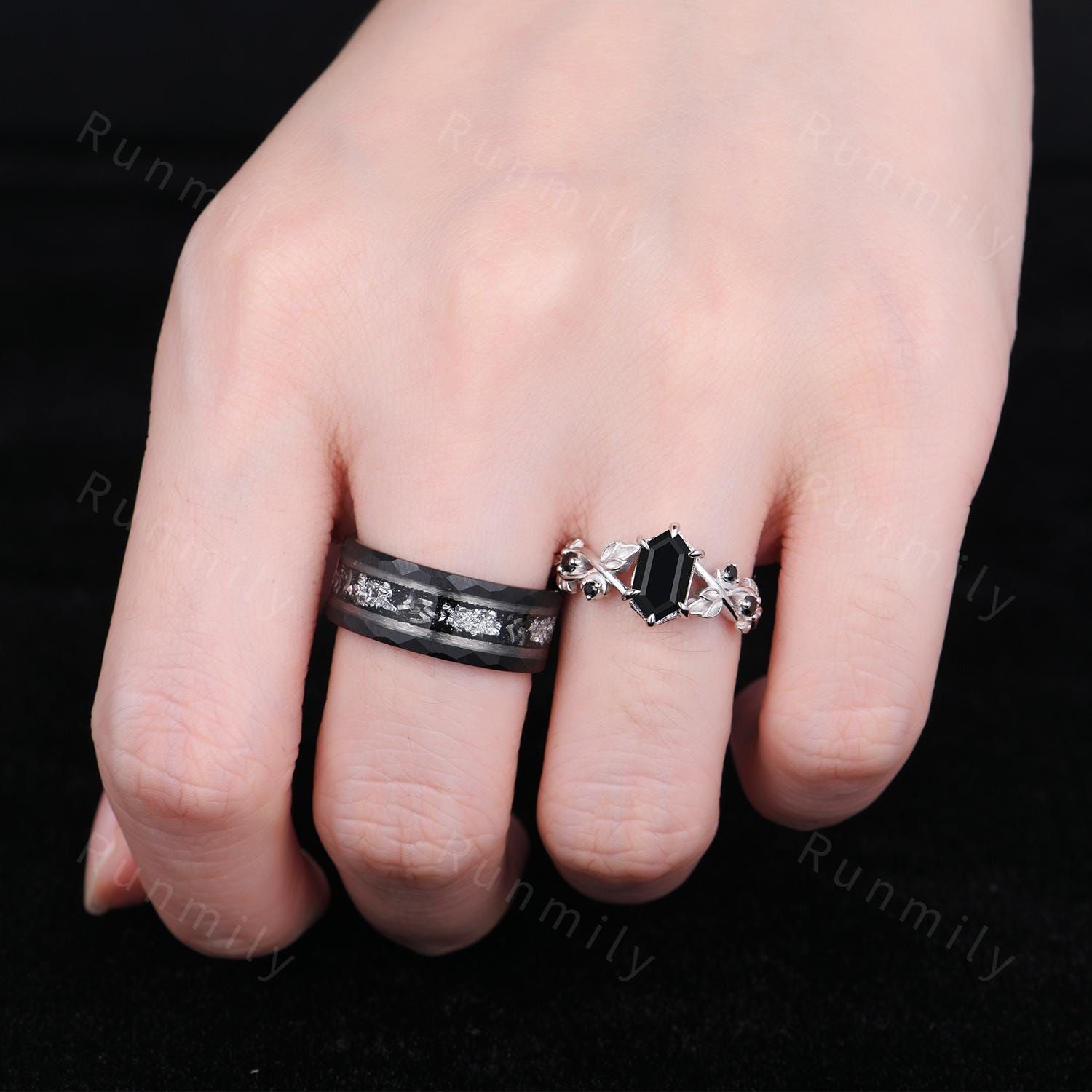 Vintage Black Onyx Couples Ring Hexagon cut Black Gems Engagement Ring His and Hers Wedding Band Mens Tungsten Ring Nature Inspired Ring