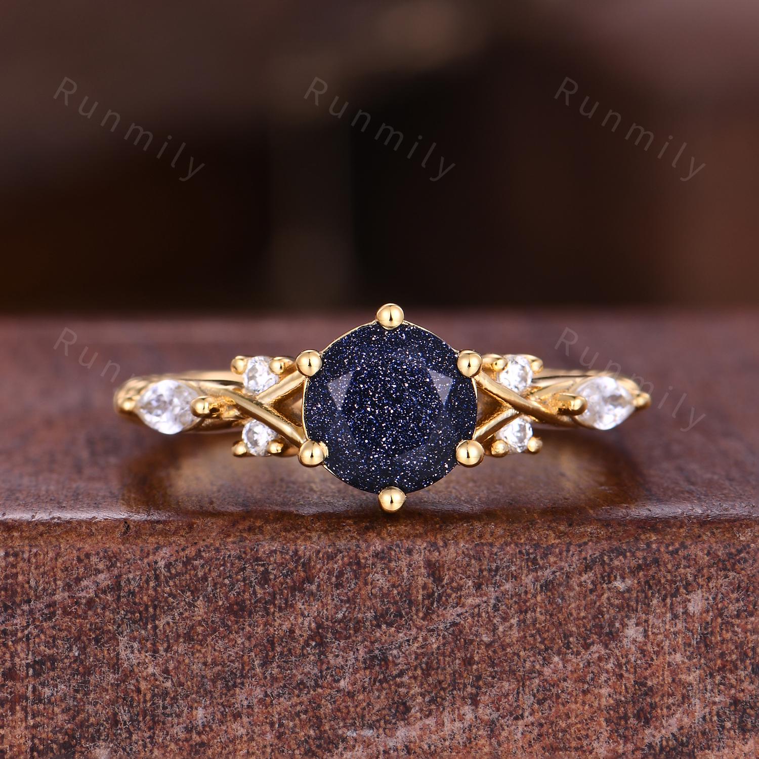 Orion Nebula Couples Ring Set Vintage Blue Sandstone Ring Yellow Gold His and Hers Wedding Band Promise Ring For Couple Outer Space Ring