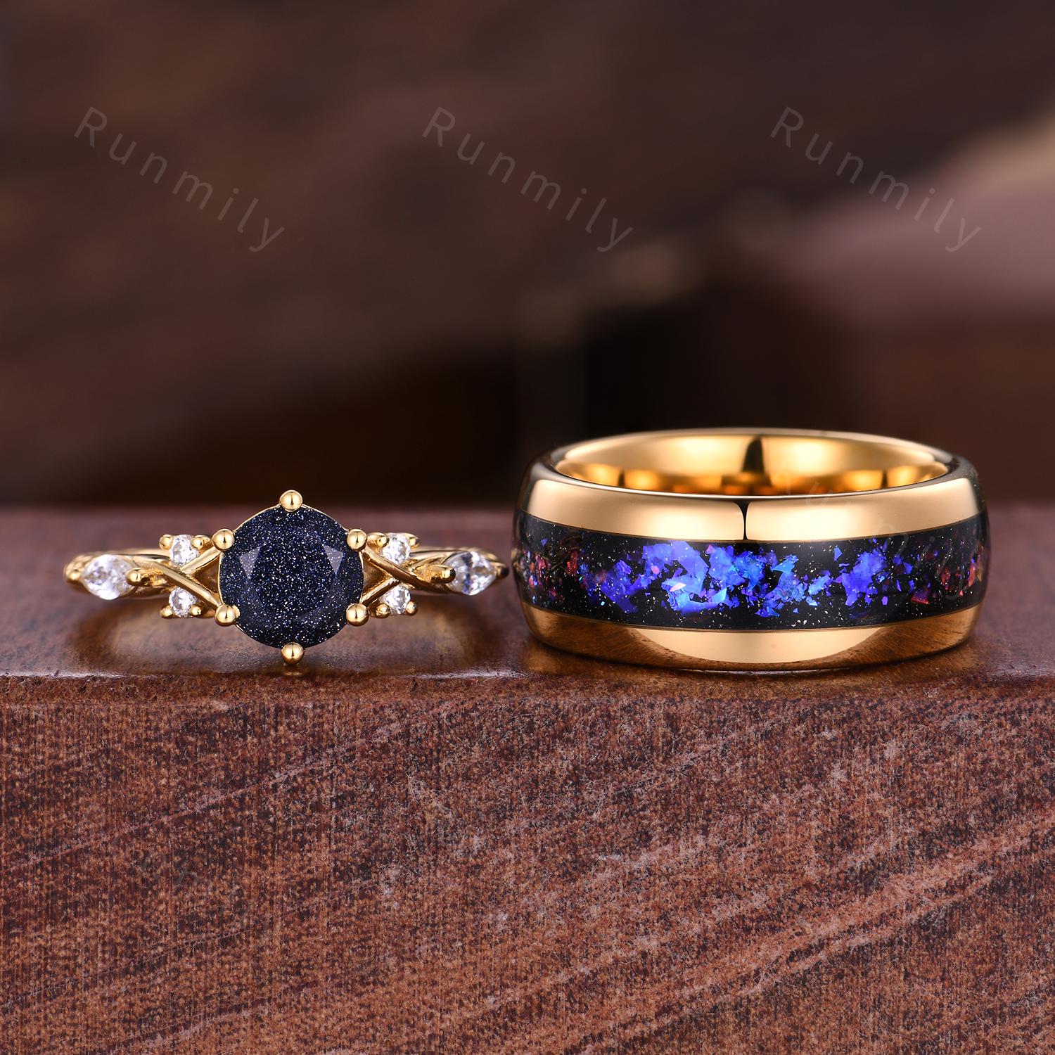 Orion Nebula Couples Ring Set Vintage Blue Sandstone Ring Yellow Gold His and Hers Wedding Band Promise Ring For Couple Outer Space Ring