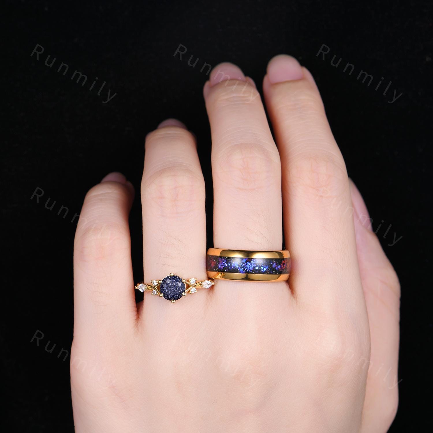Orion Nebula Couples Ring Set Vintage Blue Sandstone Ring Yellow Gold His and Hers Wedding Band Promise Ring For Couple Outer Space Ring
