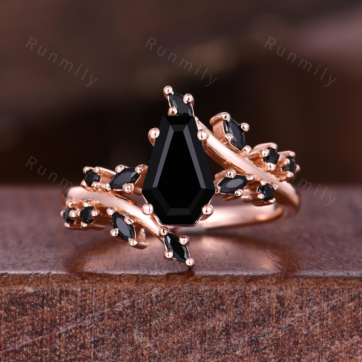 Coffin cut Black Onyx Couples Ring Rose Gold & Tungsten Matching Ring Set His and Hers Wedding Band Promise Ring For Couple Black Gems Ring