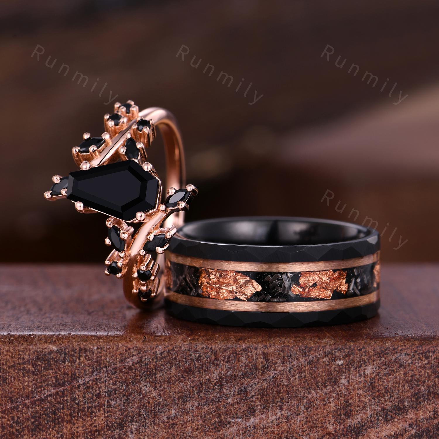 Coffin cut Black Onyx Couples Ring Rose Gold & Tungsten Matching Ring Set His and Hers Wedding Band Promise Ring For Couple Black Gems Ring
