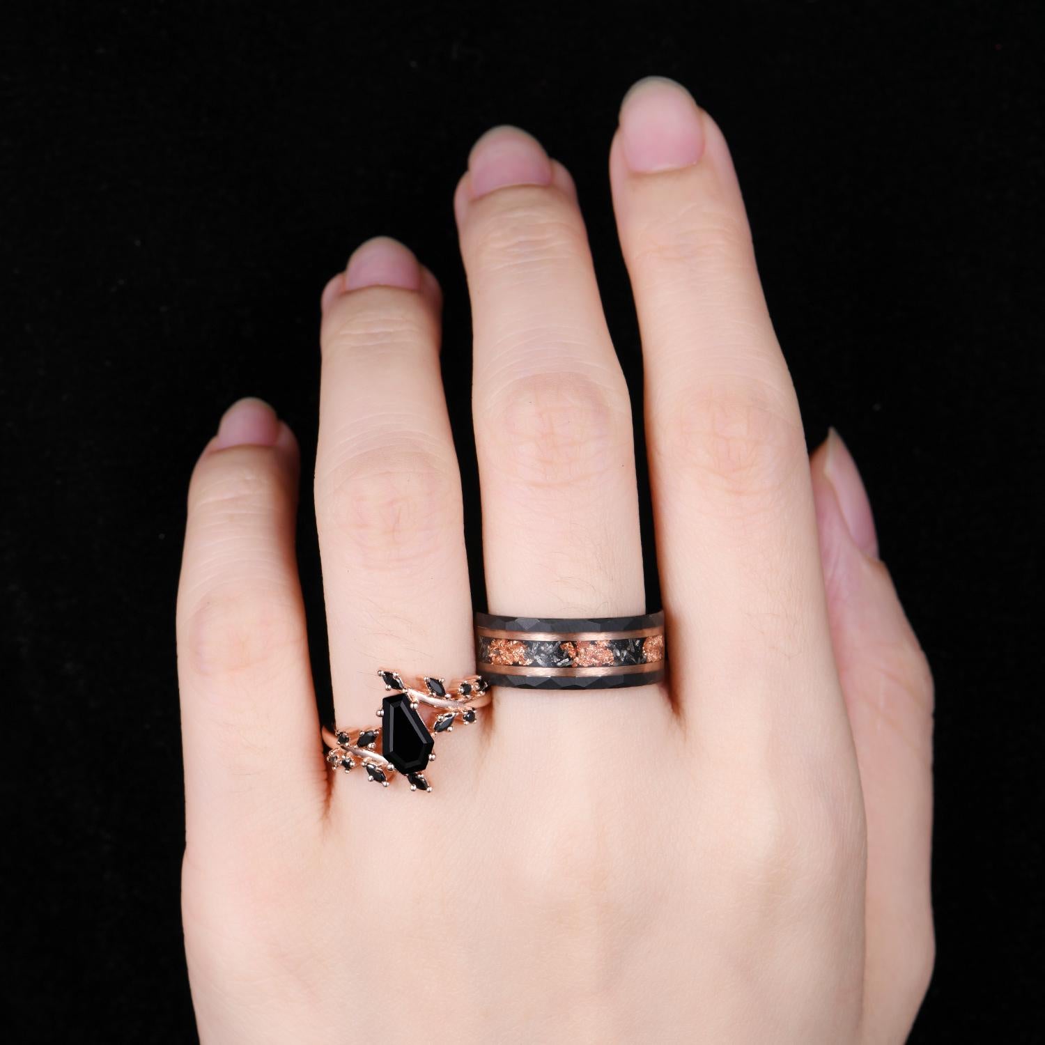 Coffin cut Black Onyx Couples Ring Rose Gold & Tungsten Matching Ring Set His and Hers Wedding Band Promise Ring For Couple Black Gems Ring