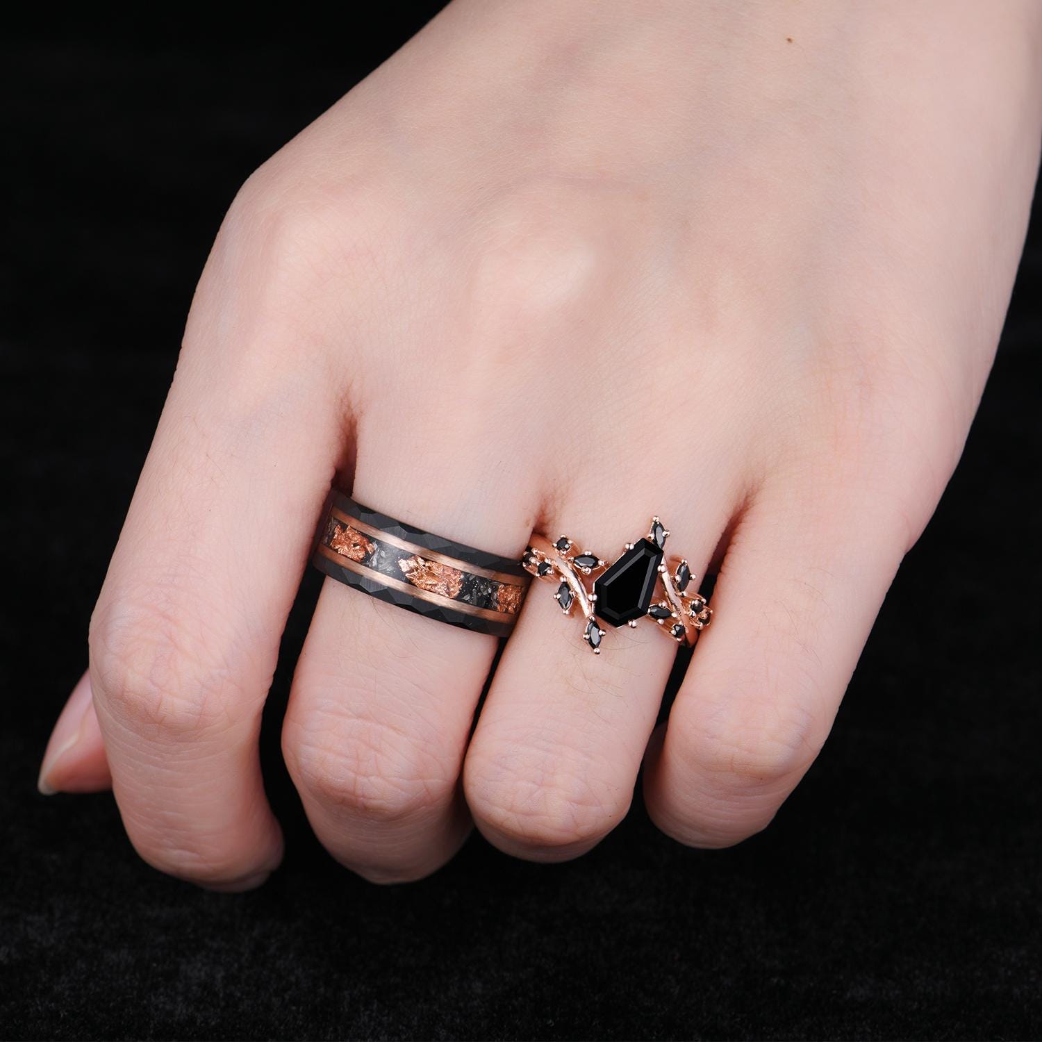 Coffin cut Black Onyx Couples Ring Rose Gold & Tungsten Matching Ring Set His and Hers Wedding Band Promise Ring For Couple Black Gems Ring