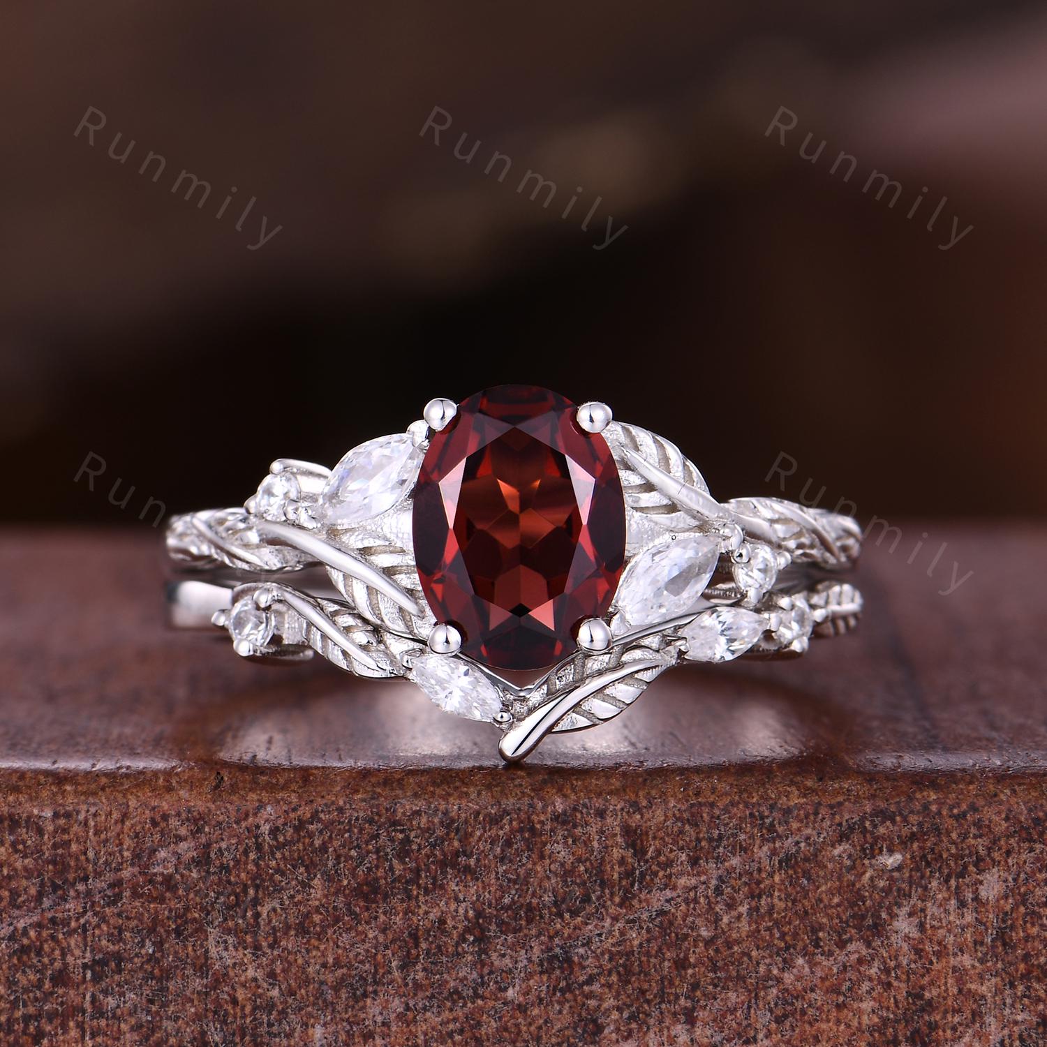 3PCS Garnet couples ring set silver branch leaf ring vintage His and Hers wedding band Mens garnet ring January anniversary ring gifts