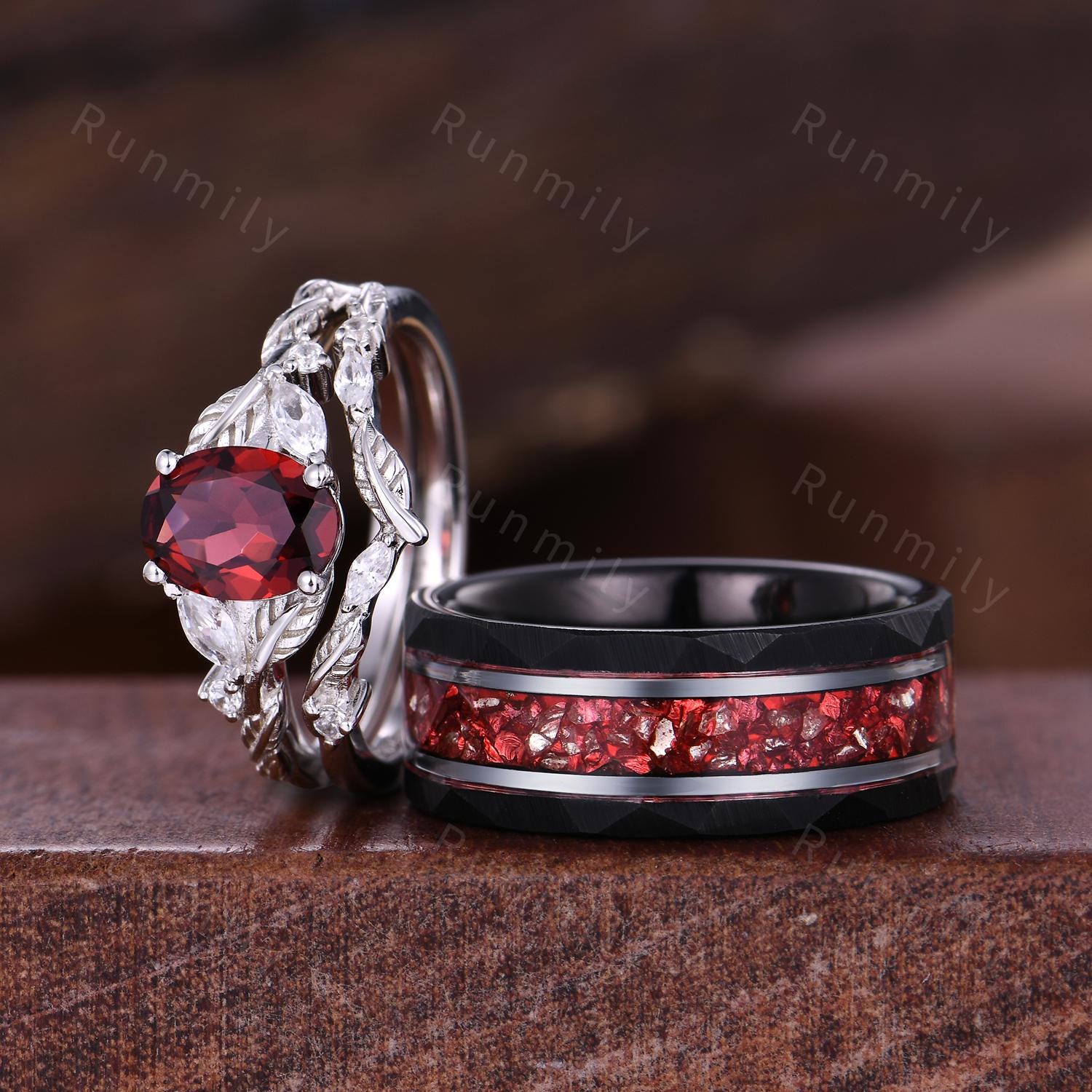 3PCS Garnet couples ring set silver branch leaf ring vintage His and Hers wedding band Mens garnet ring January anniversary ring gifts