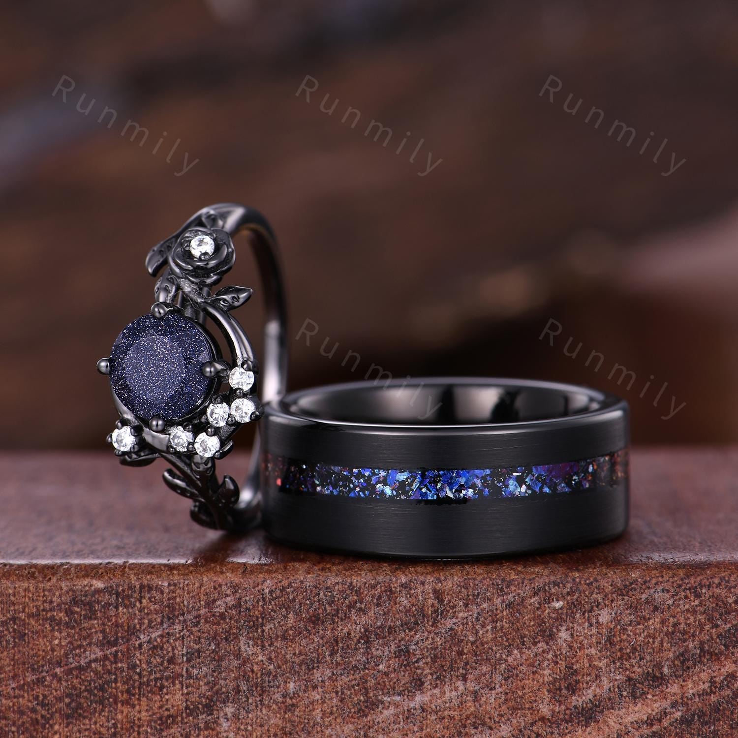 Crescent Blue Sandstone Couples Ring Black Gold Matching Ring Set His and Hers Wedding Band Blue Nebula Ring Outer Space Rings for Couple