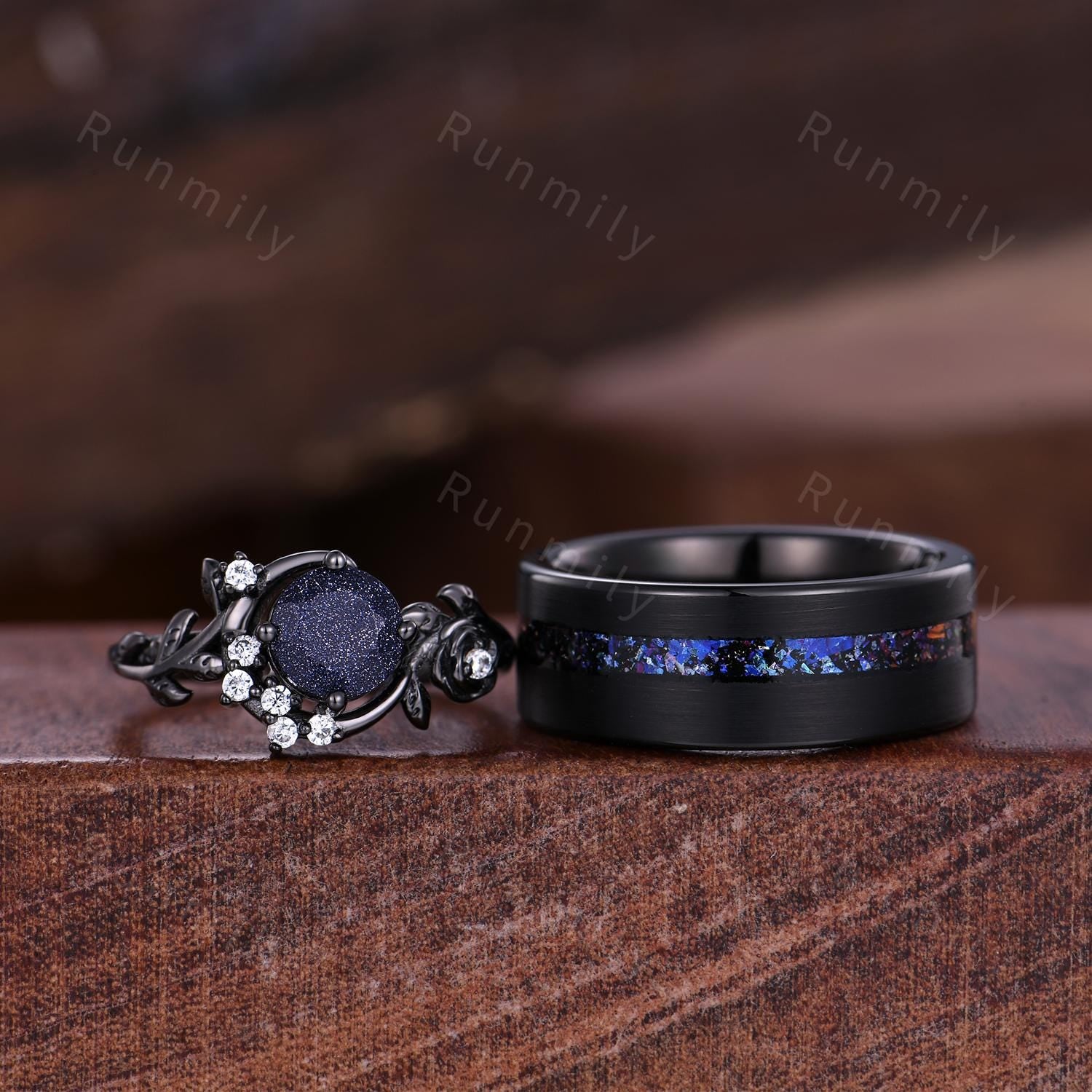 Crescent Blue Sandstone Couples Ring Black Gold Matching Ring Set His and Hers Wedding Band Blue Nebula Ring Outer Space Rings for Couple