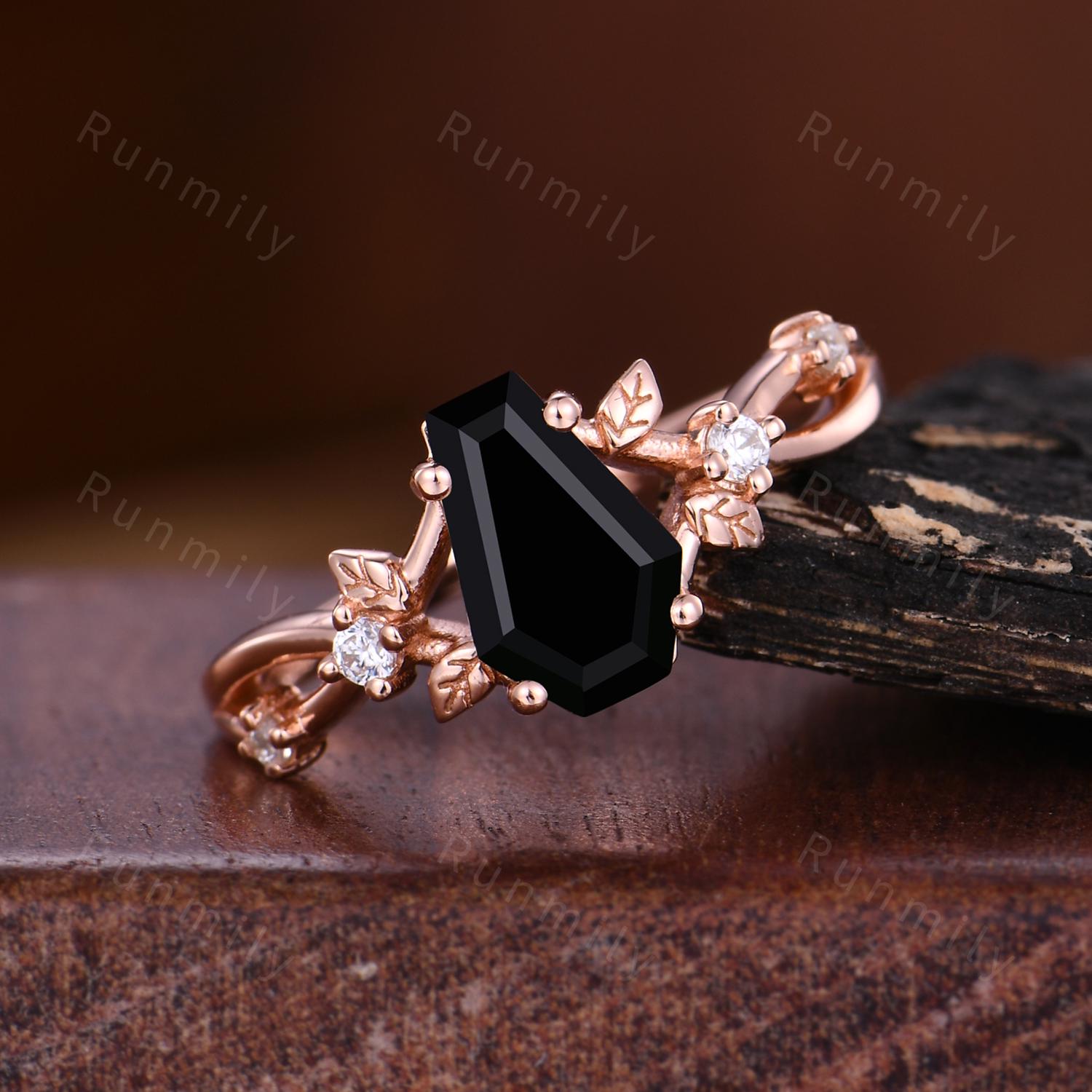 Coffin cut Black Onyx Engagement Ring Rose Gold Ring For Women Moissanite Branch Leaf Wedding Ring Unique Twig Ring Bridal Promise Ring