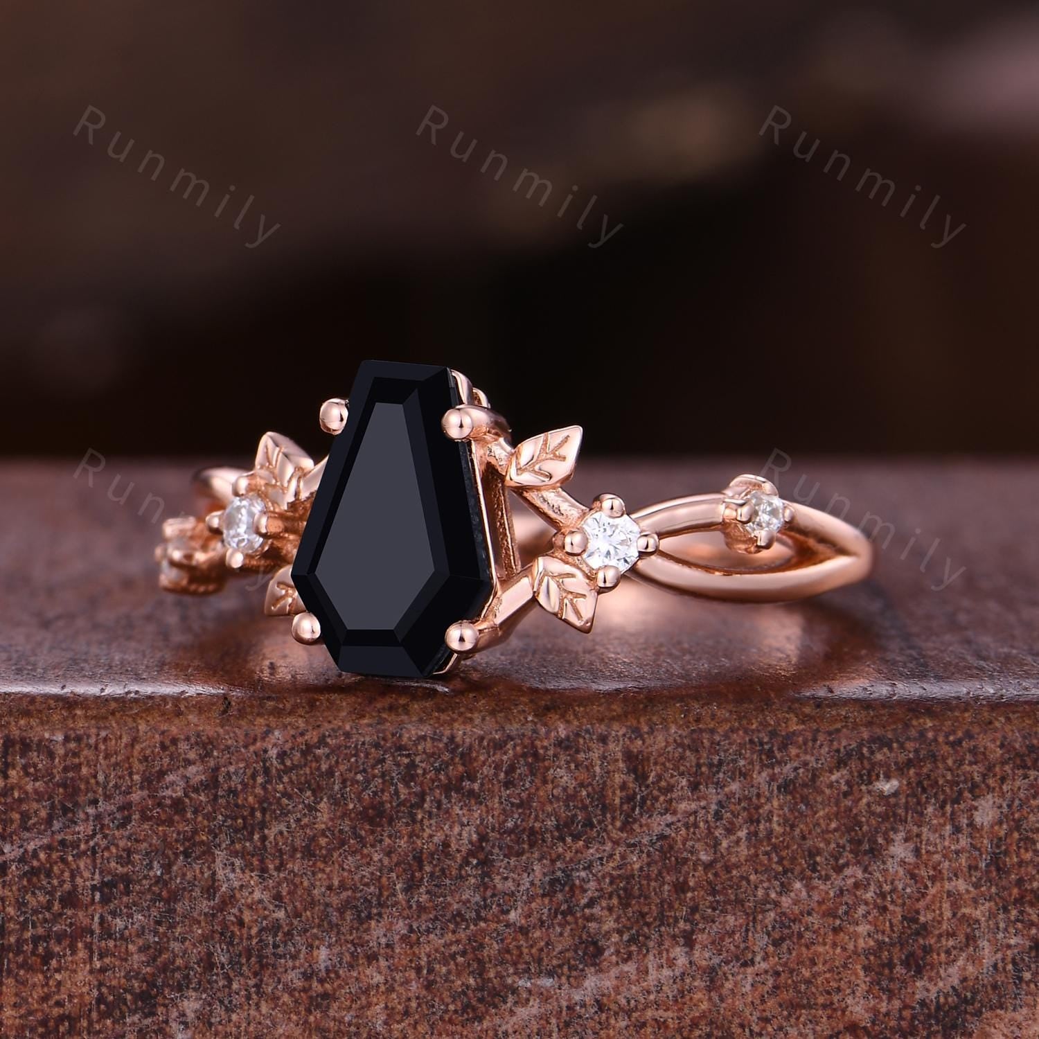 Coffin cut Black Onyx Engagement Ring Rose Gold Ring For Women Moissanite Branch Leaf Wedding Ring Unique Twig Ring Bridal Promise Ring