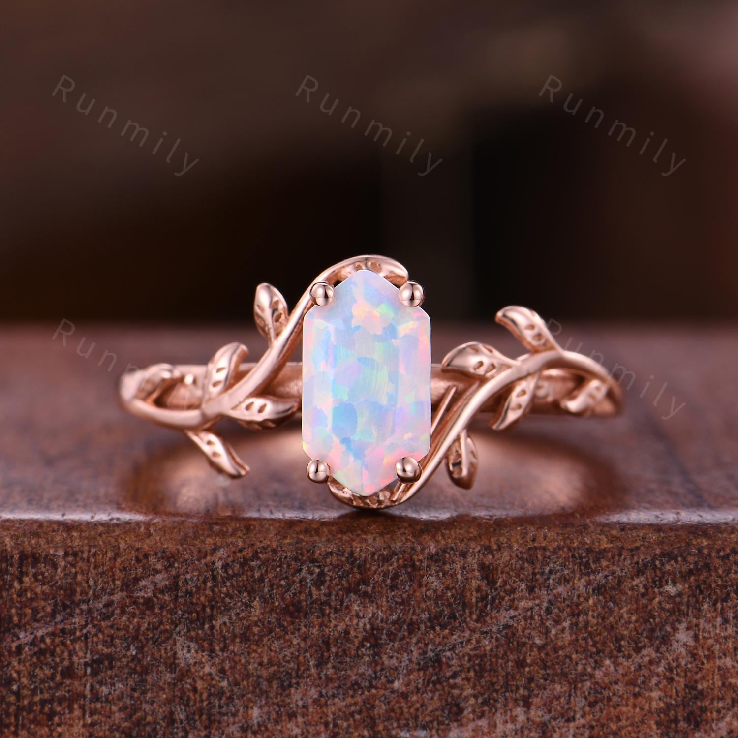 Hexagon cut White Opal Couples Ring Set Rose Gold Twig Leaf Ring His and Hers Wedding Band Mens Tungsten Ring October Anniversary Rings