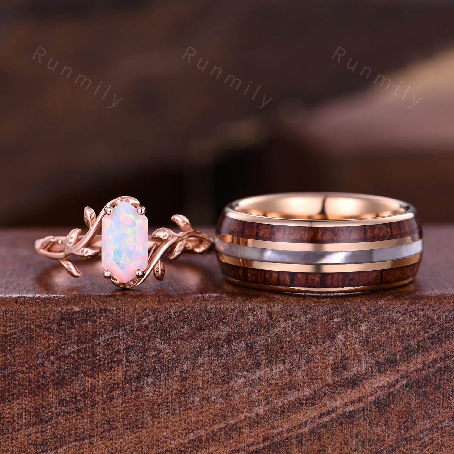 Hexagon cut White Opal Couples Ring Set Rose Gold Twig Leaf Ring His and Hers Wedding Band Mens Tungsten Ring October Anniversary Rings