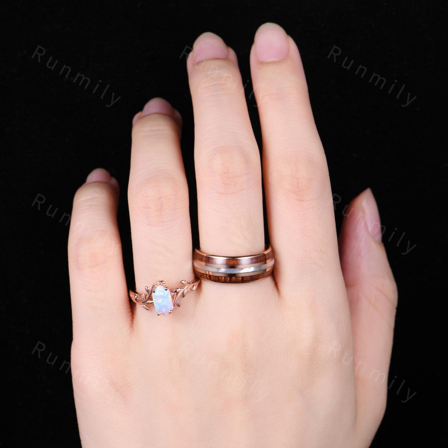 Hexagon cut White Opal Couples Ring Set Rose Gold Twig Leaf Ring His and Hers Wedding Band Mens Tungsten Ring October Anniversary Rings