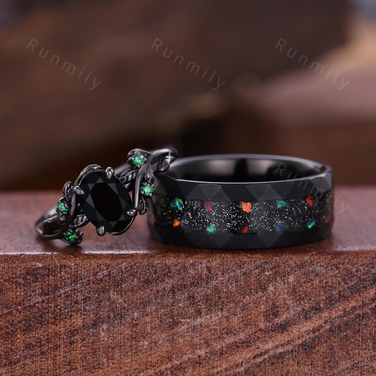 Oval cut Black Onyx Couple Ring Set Gothic Black Gold His and Hers Ring Galaxy Sandstone Ring Mens Tungsten Ring Promise Rings for Couple