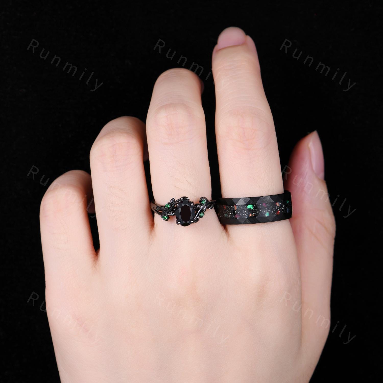 Oval cut Black Onyx Couple Ring Set Gothic Black Gold His and Hers Ring Galaxy Sandstone Ring Mens Tungsten Ring Promise Rings for Couple