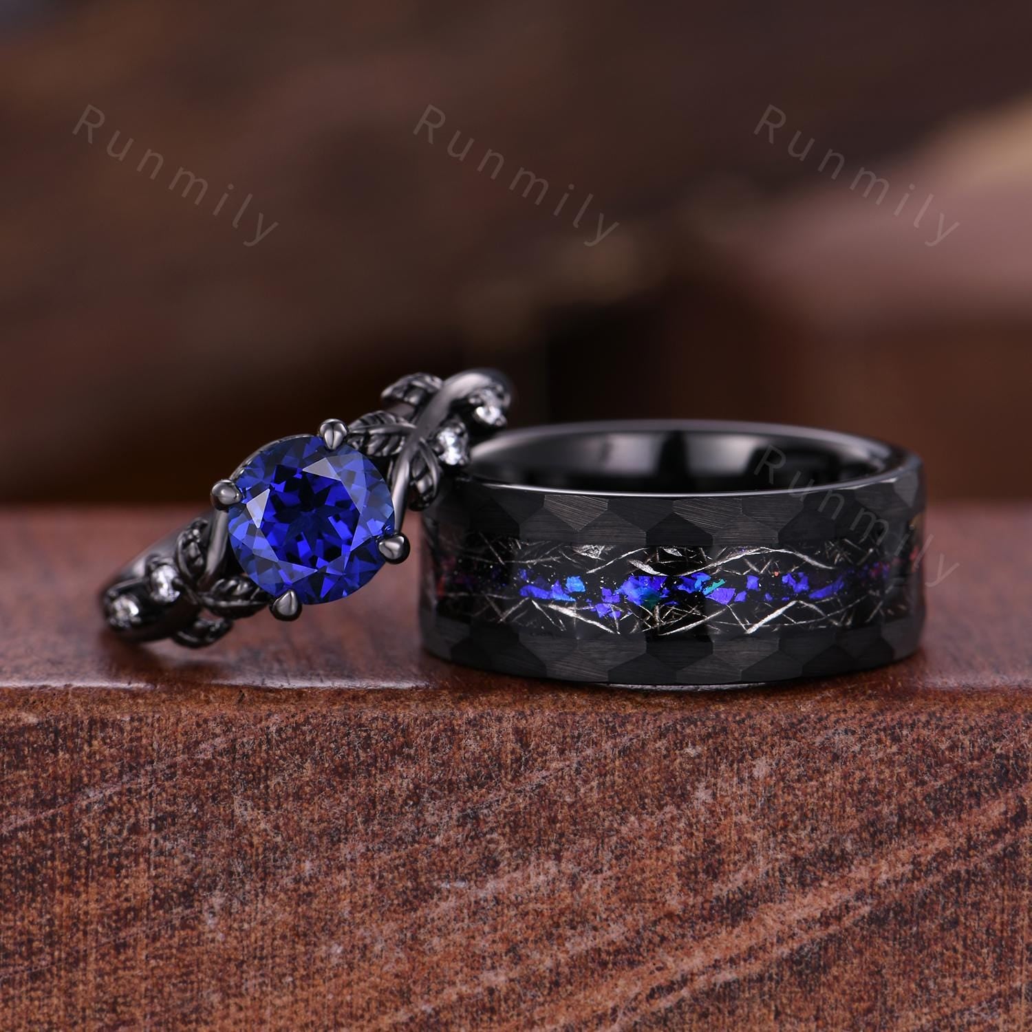 Blue Nebula Ring Set Vintage Blue Sapphire Engagement Ring Gothic Black Gold Matching Ring Set His and Hers Band Outer Space Couple Ring Set