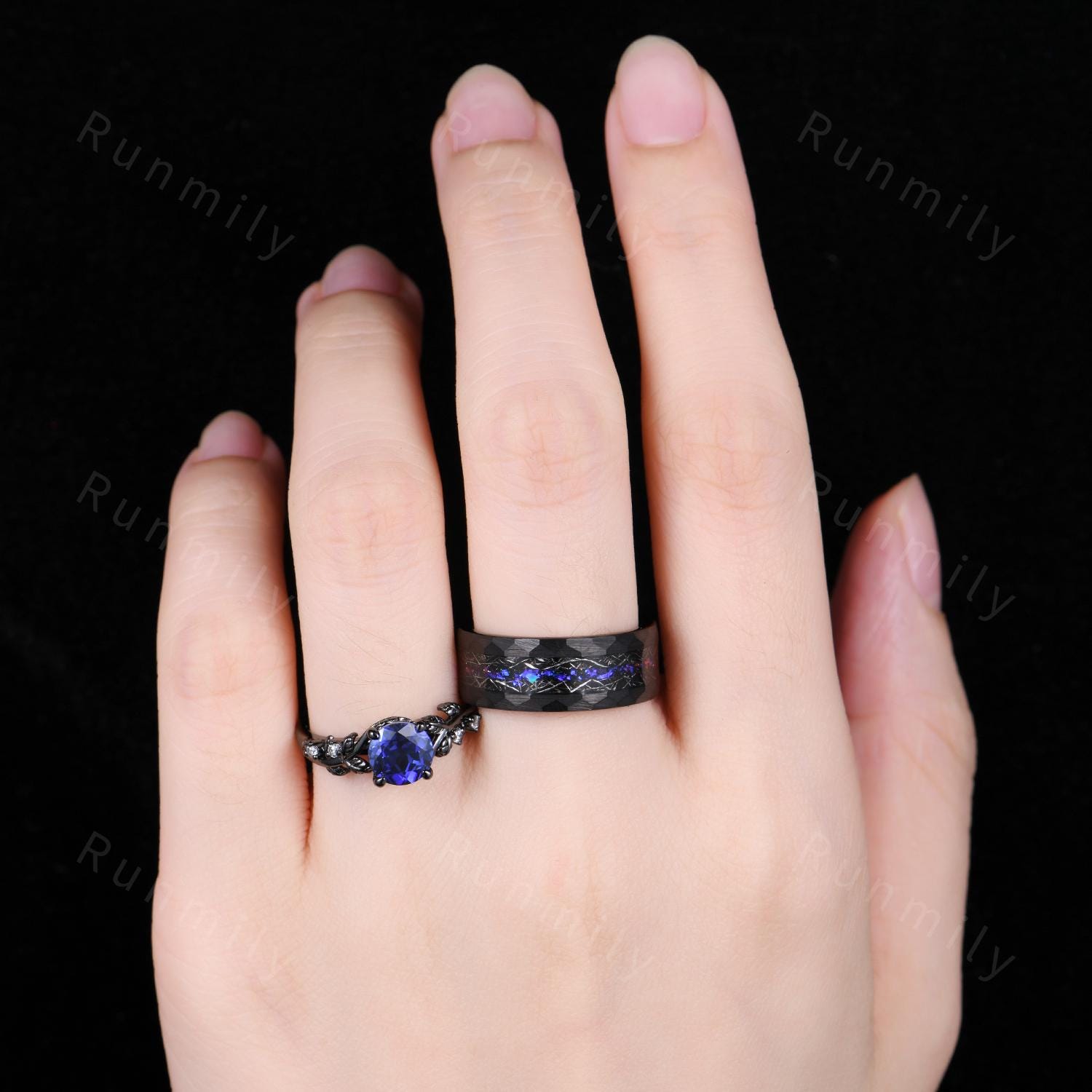Blue Nebula Ring Set Vintage Blue Sapphire Engagement Ring Gothic Black Gold Matching Ring Set His and Hers Band Outer Space Couple Ring Set