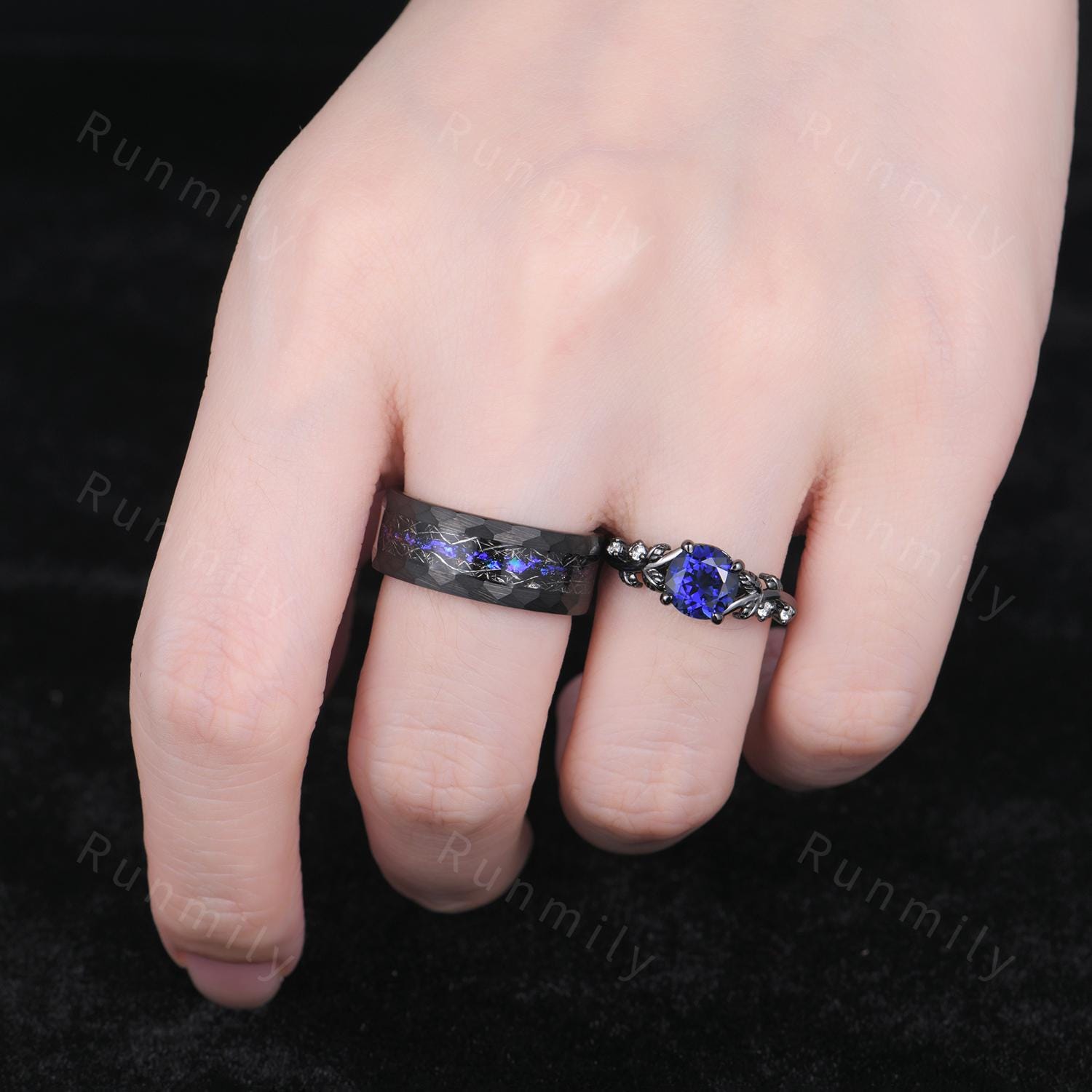 Blue Nebula Ring Set Vintage Blue Sapphire Engagement Ring Gothic Black Gold Matching Ring Set His and Hers Band Outer Space Couple Ring Set