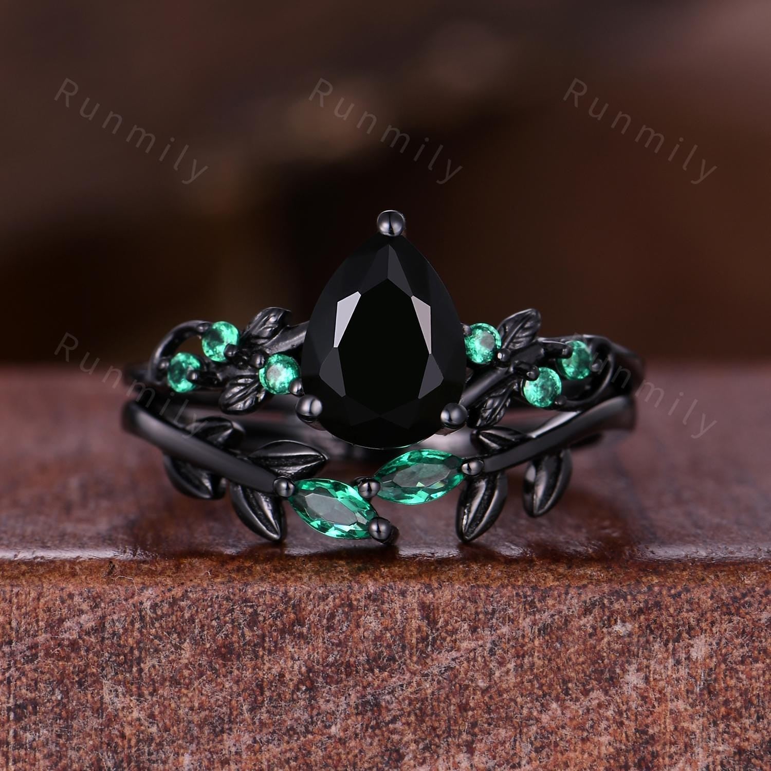 Starry Night Black Onyx Ring Set Black Gold His and Hers Wedding Band Unique Couples Ring Nature Inspired Ring Couple Matching Promise Rings