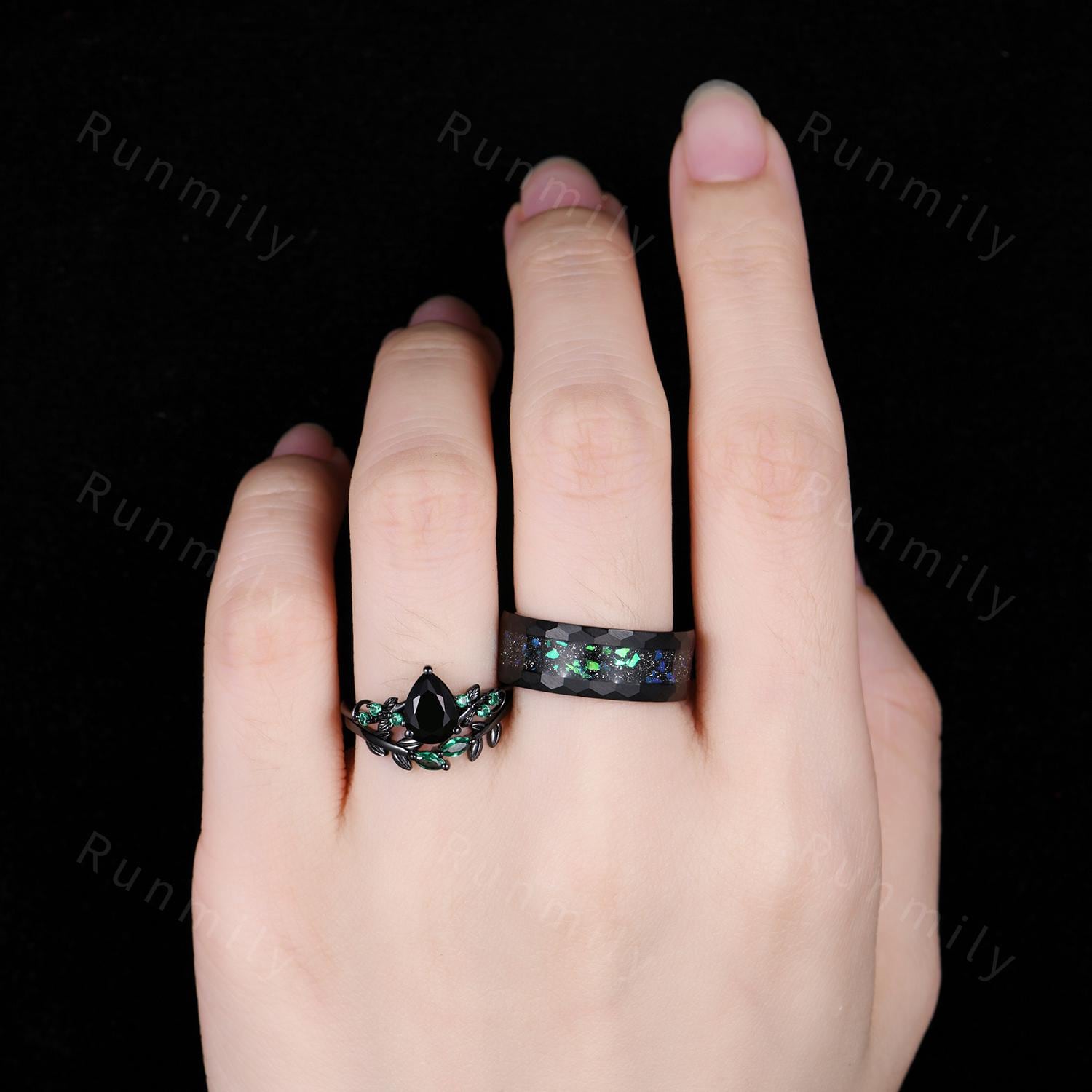 Starry Night Black Onyx Ring Set Black Gold His and Hers Wedding Band Unique Couples Ring Nature Inspired Ring Couple Matching Promise Rings