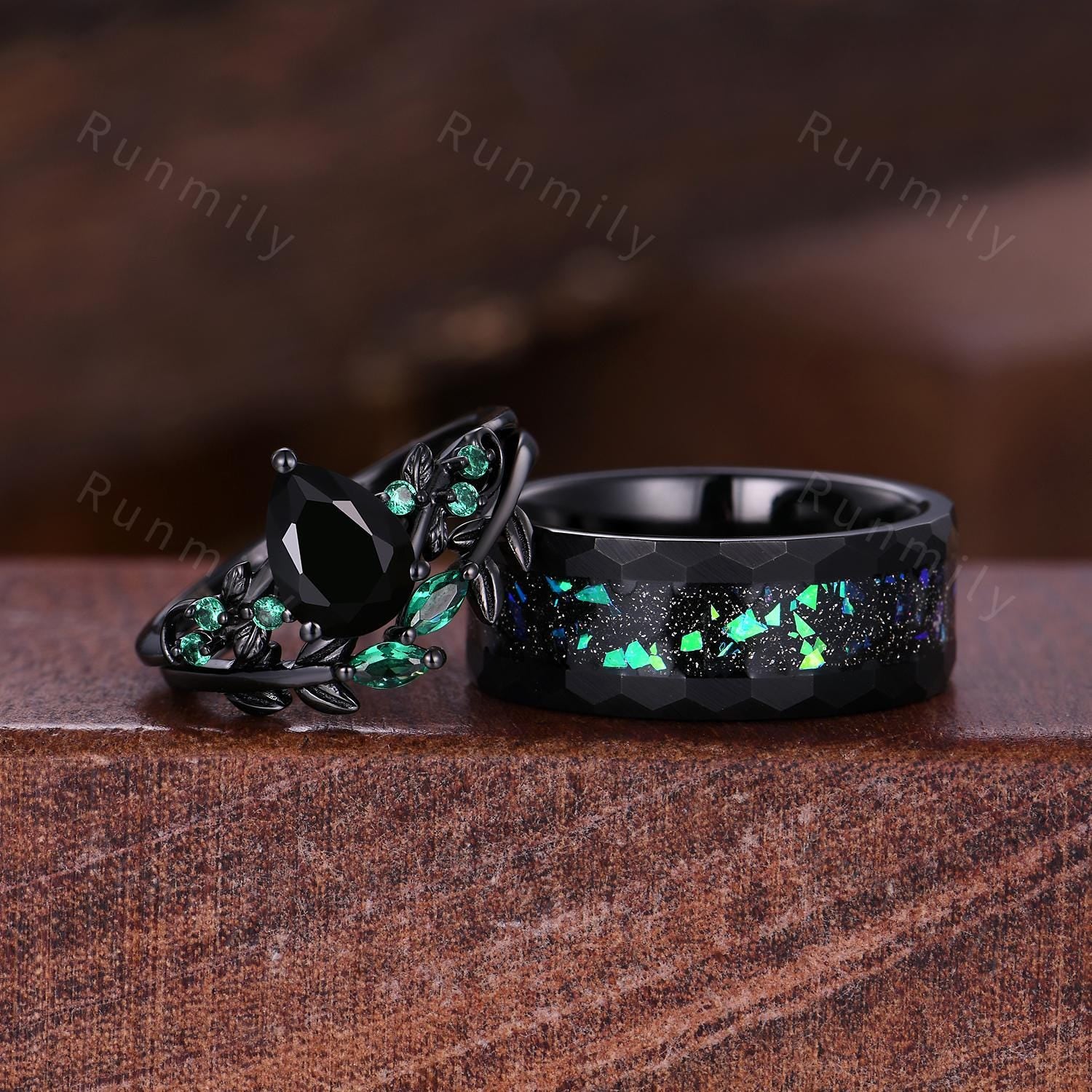 Starry Night Black Onyx Ring Set Black Gold His and Hers Wedding Band Unique Couples Ring Nature Inspired Ring Couple Matching Promise Rings