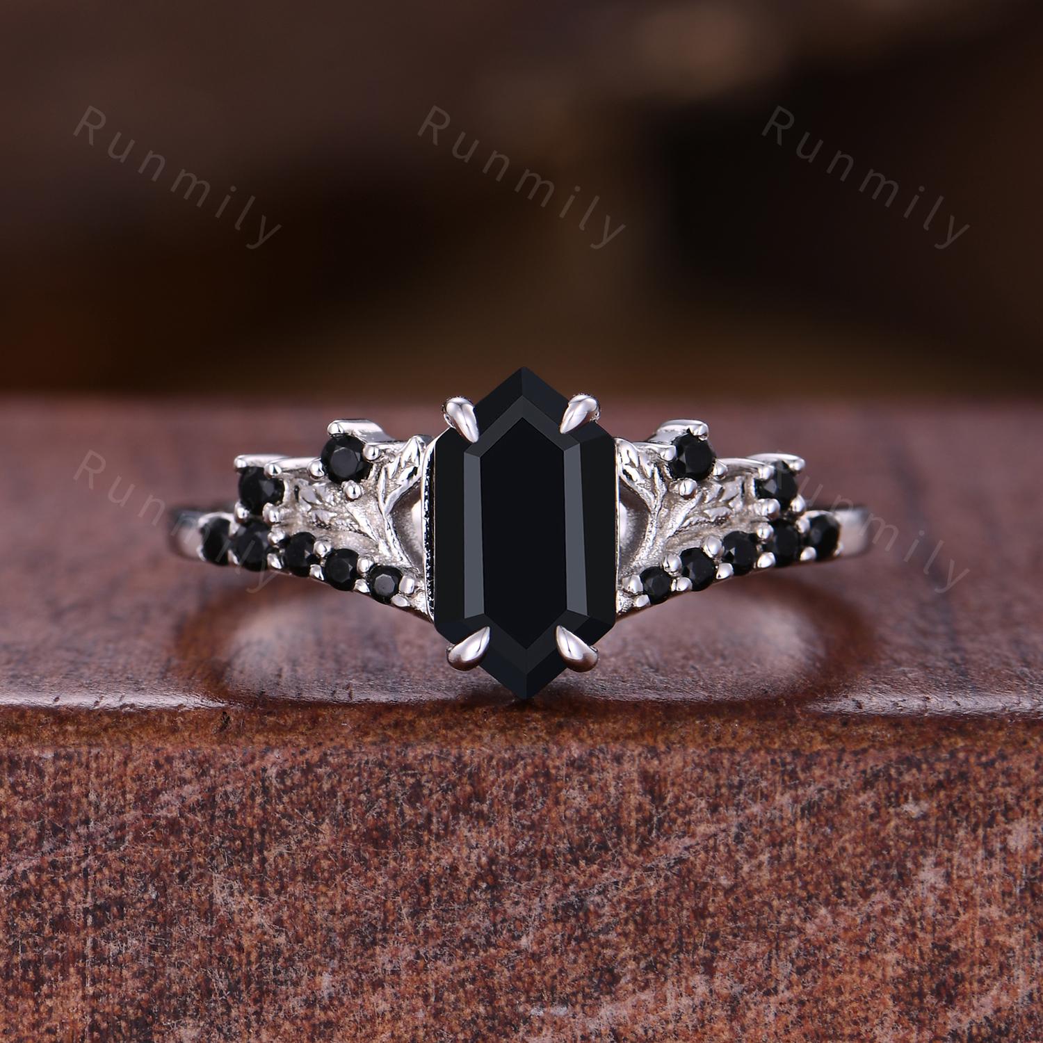 Hexagon cut Black Onyx Engagement ring set Vintage black enamel wedding band Sterling Silver Branch leaf Bridal set Anniversary ring gift