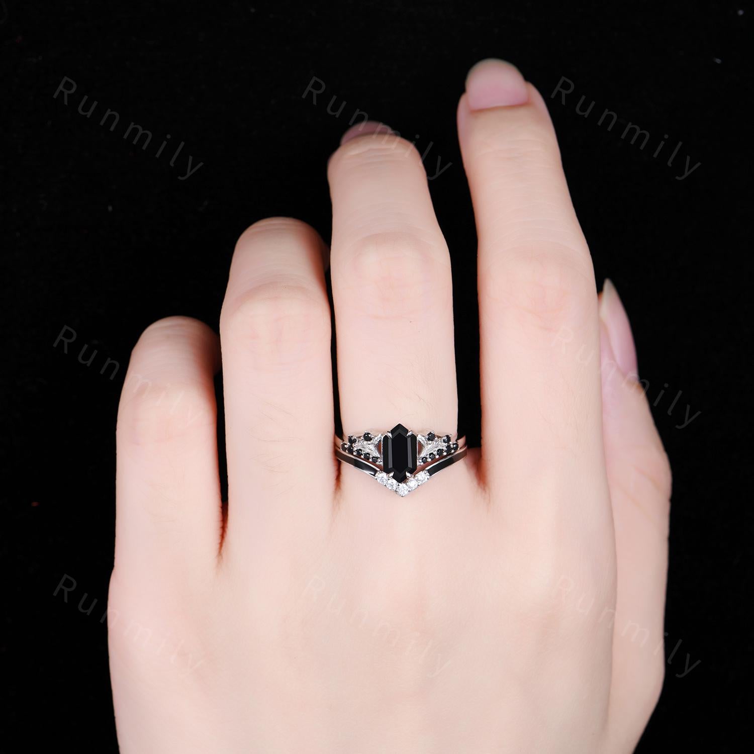 Hexagon cut Black Onyx Engagement ring set Vintage black enamel wedding band Sterling Silver Branch leaf Bridal set Anniversary ring gift