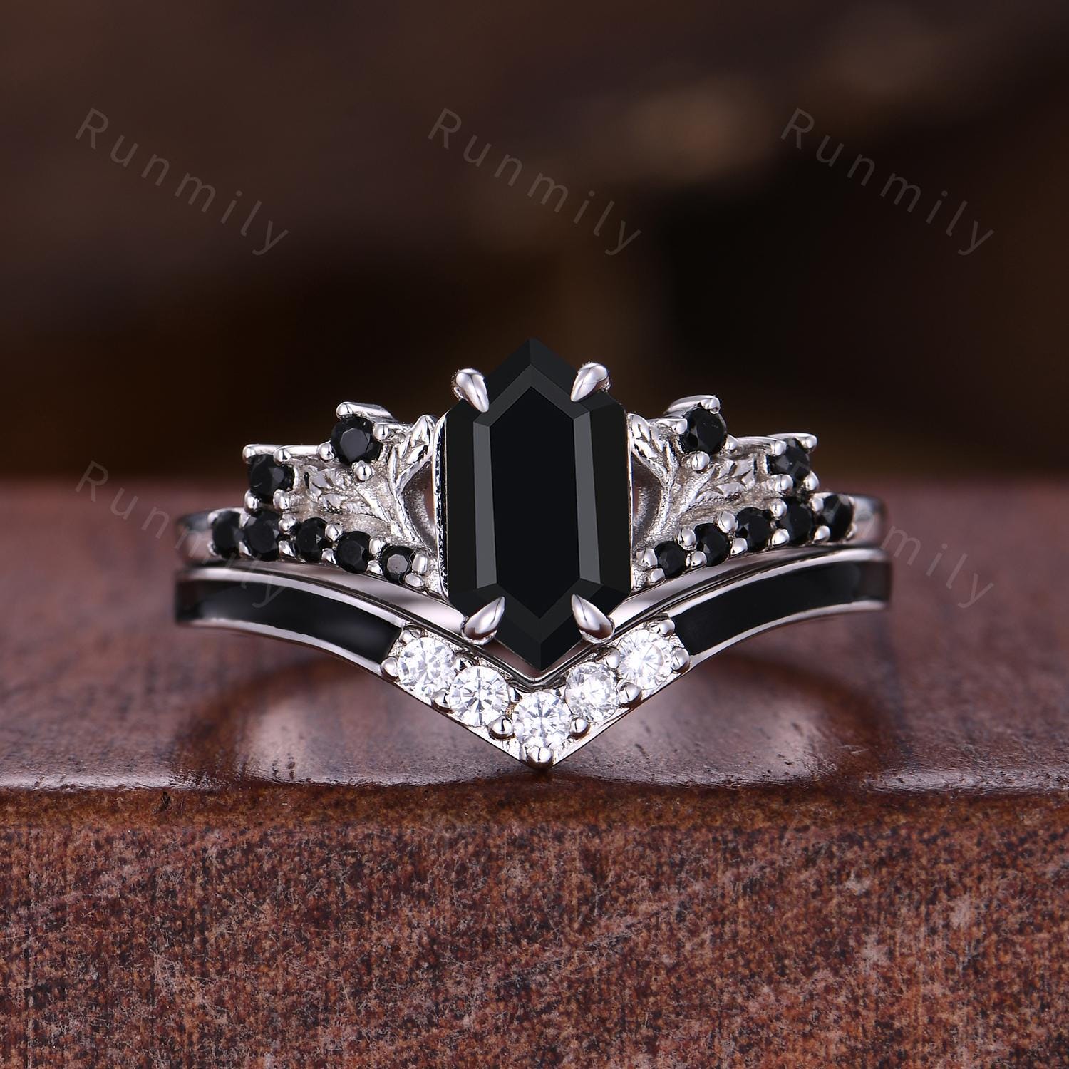 Hexagon cut Black Onyx Engagement ring set Vintage black enamel wedding band Sterling Silver Branch leaf Bridal set Anniversary ring gift