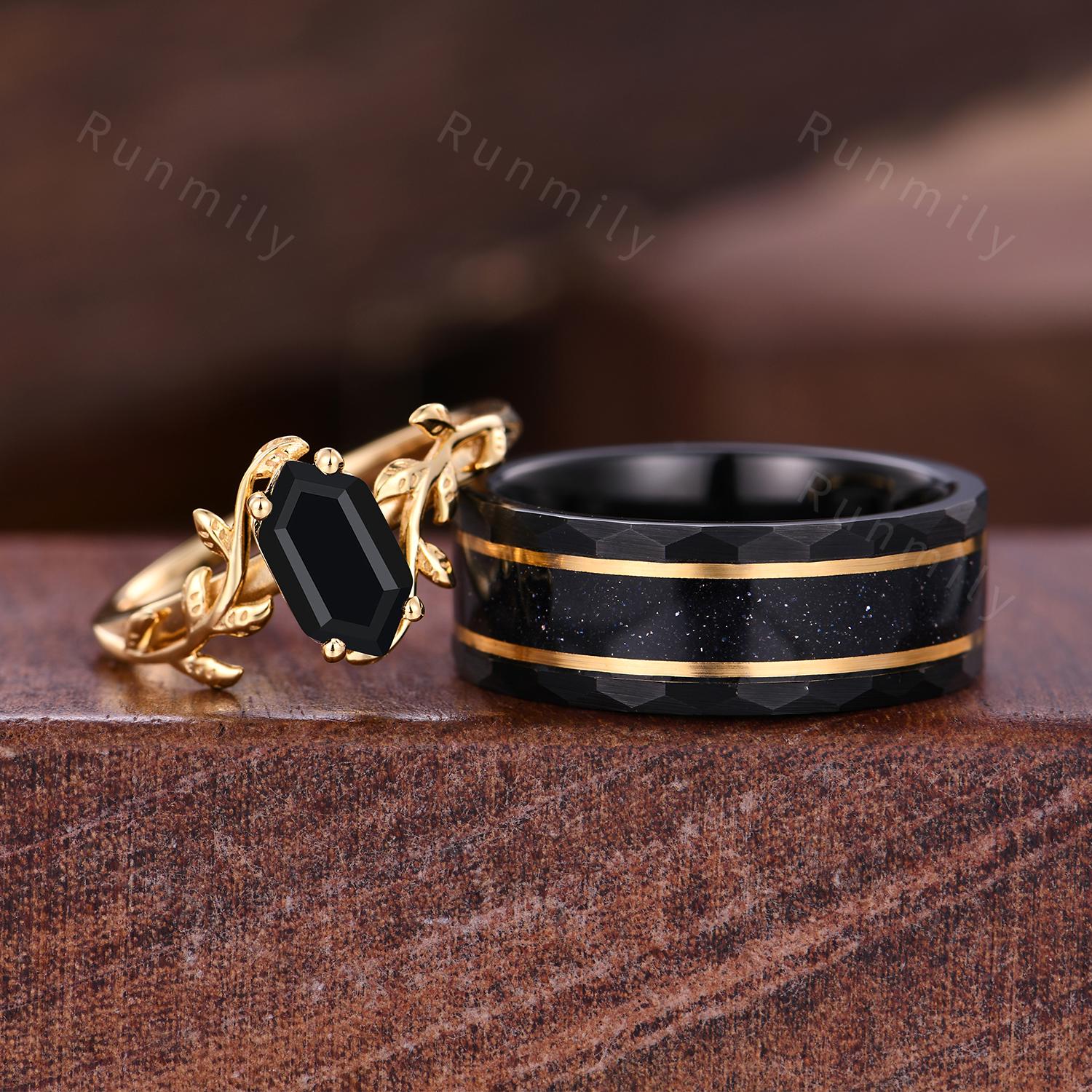 Hexagon cut Black Onyx Couples Ring Yellow Gold Matching Ring Set His and Hers Wedding Band Mens Galaxy Sandstone Ring Couples Promise Ring