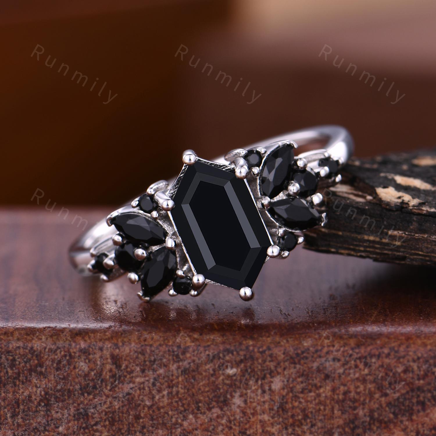 Hexagon cut Black Onyx Engagement Ring Unique Cluster Ring For Women Marquise Black Spinel Wedding Ring Vintage Black Gemstone Promise Ring