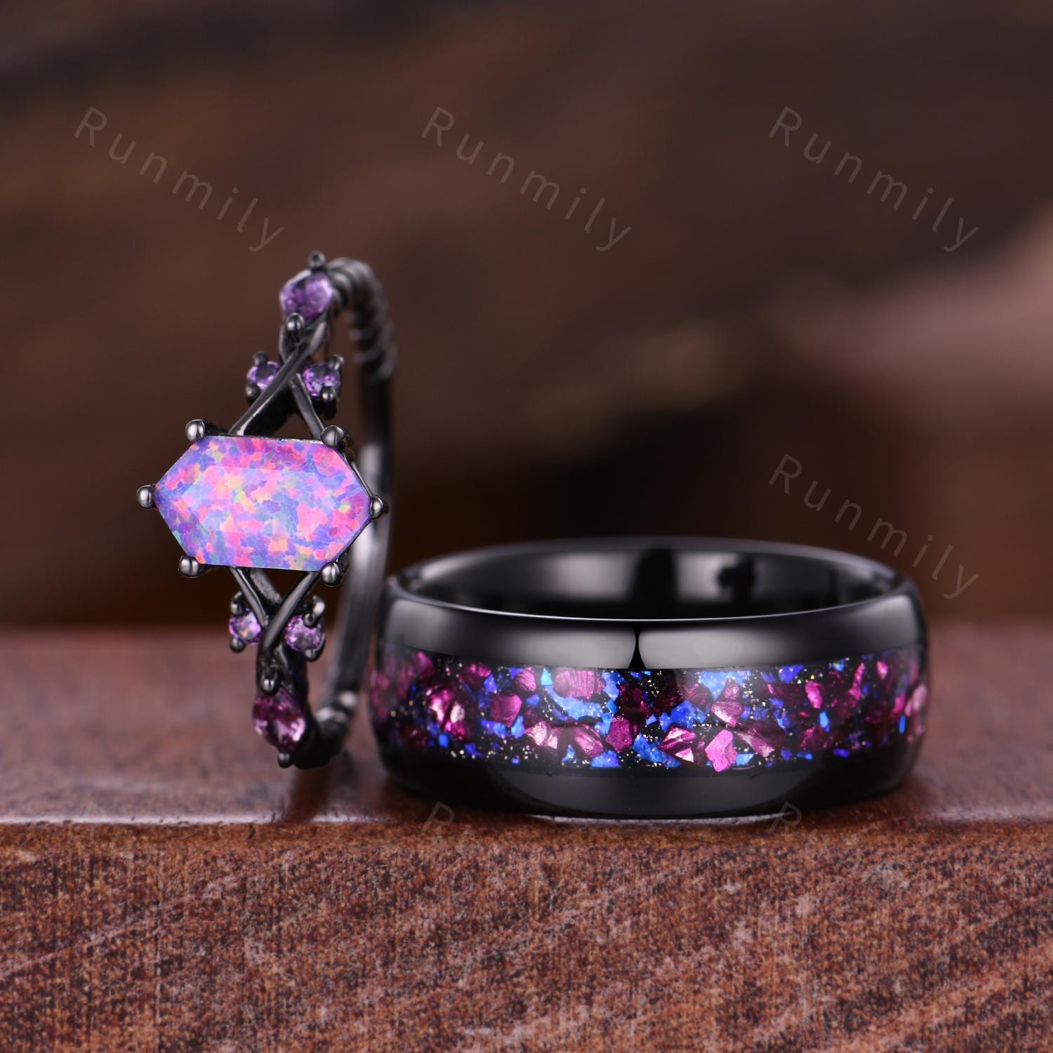 Purple Crab Nebula Couples Ring Set Vintage Lavender Opal Ring Black Gold His and Her Wedding Band Mens Tungsten Ring Purple Ring for Couple