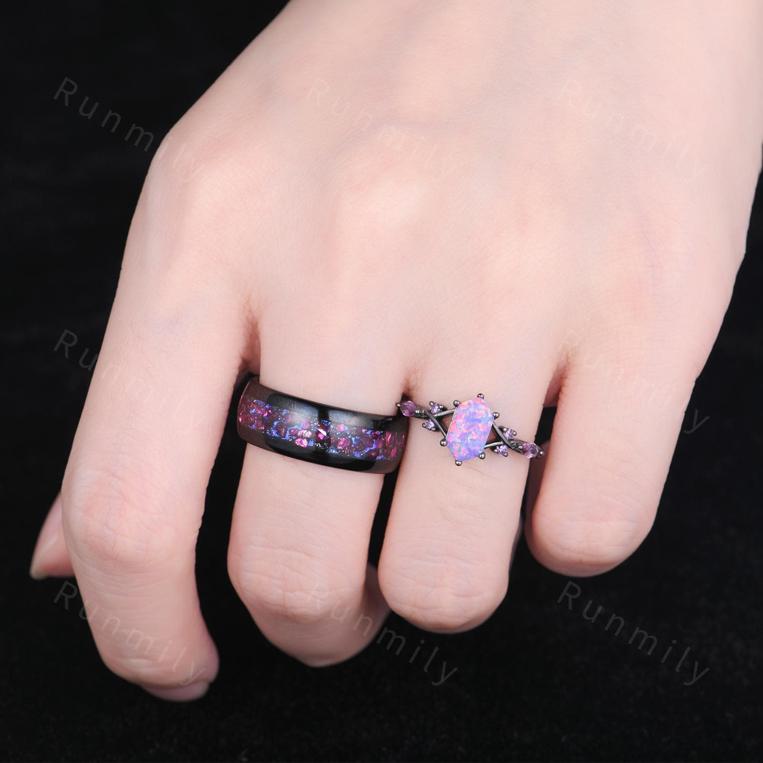 Purple Crab Nebula Couples Ring Set Vintage Lavender Opal Ring Black Gold His and Her Wedding Band Mens Tungsten Ring Purple Ring for Couple