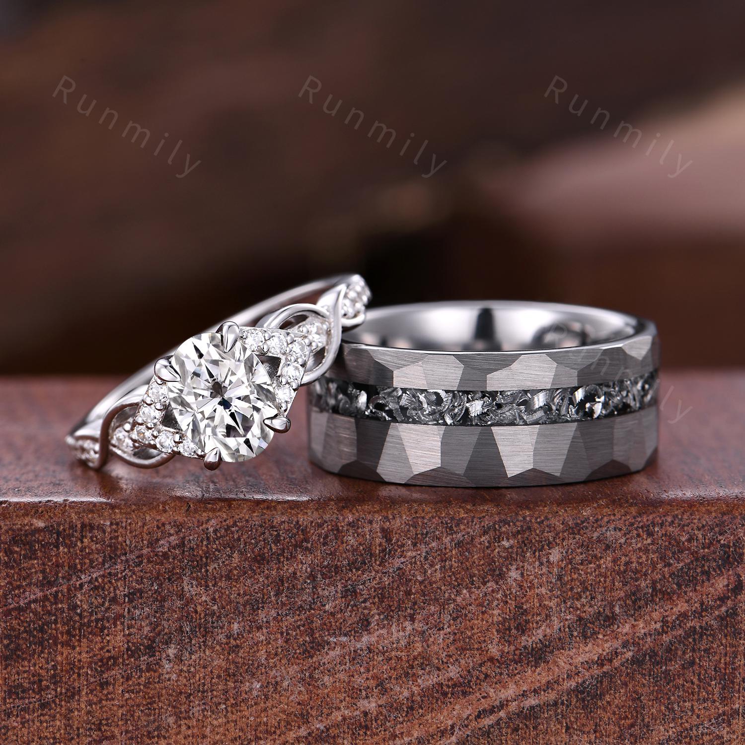 Oval cut Moissanite couple ring, vintage His and Hers wedding band, Mens silver tungsten ring, Moissanite jewelry for couple, promise rings