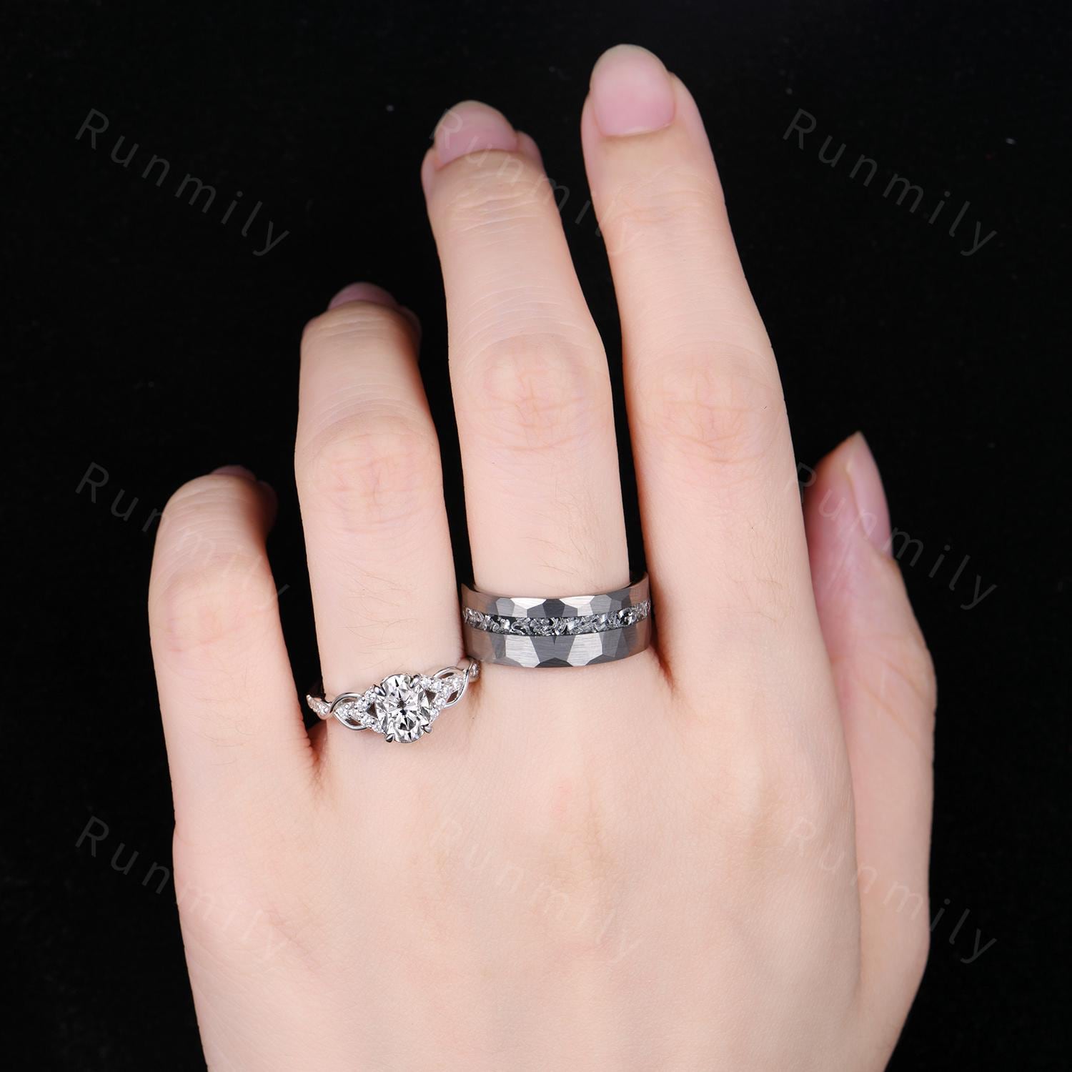 Oval cut Moissanite couple ring, vintage His and Hers wedding band, Mens silver tungsten ring, Moissanite jewelry for couple, promise rings