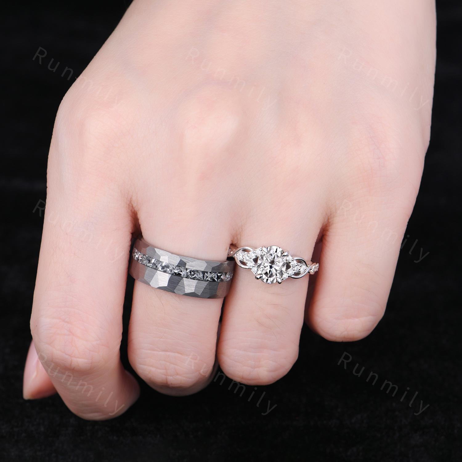 Oval cut Moissanite couple ring, vintage His and Hers wedding band, Mens silver tungsten ring, Moissanite jewelry for couple, promise rings