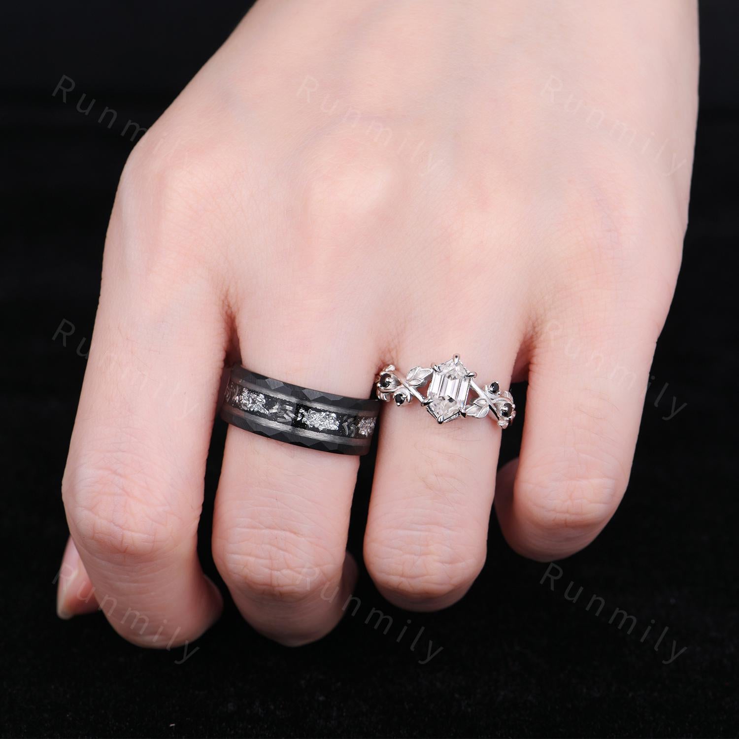 Antique Moissanite Couples Ring Hexagon cut Moissanite Engagement Ring His and Hers Wedding Band Mens Tungsten Ring Twisted Leaf Ring