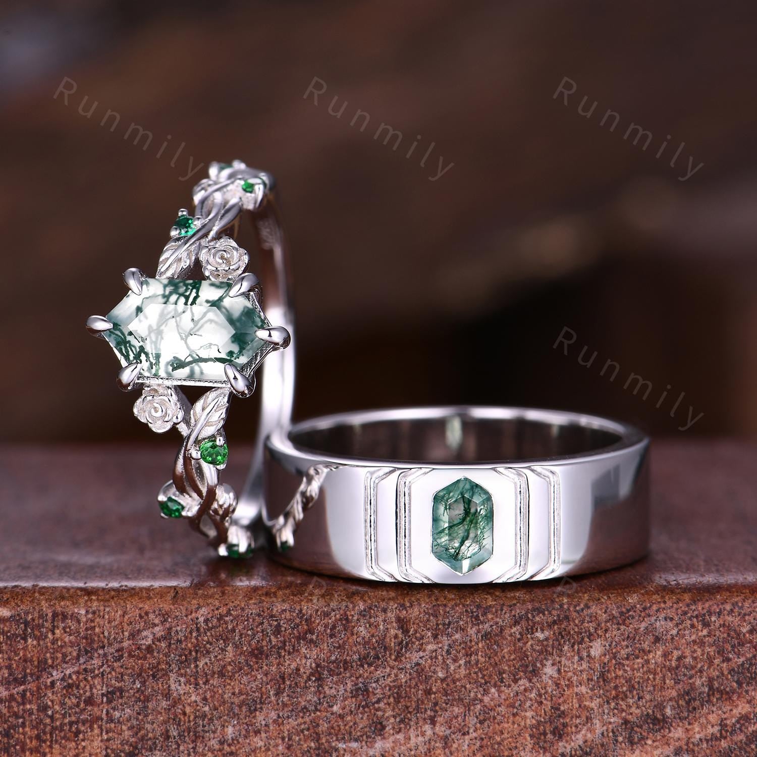 Hexagon cut Moss Agate Couples Ring Set Vintage Promise Ring For Men For Women Sterling Silver His and Hers Wedding Band Green Agate Rings